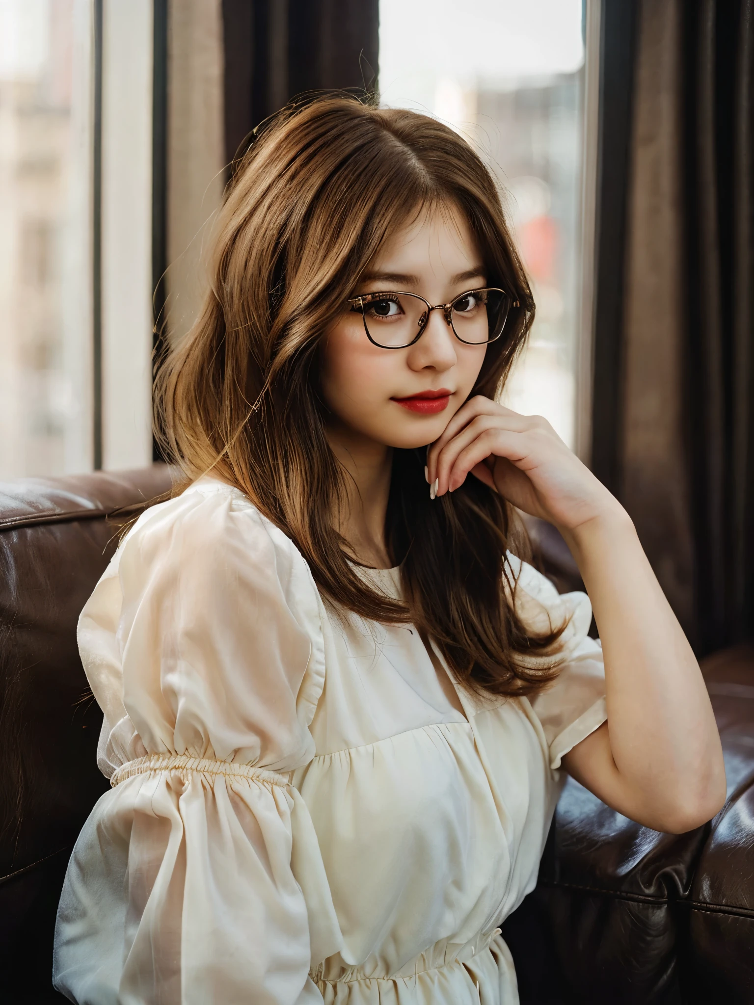 (RAW photo, best quality), (realistic, photo-realistic:1.3), portrait, photography, half body scene, DOF backgound, under exposure, dark tone, light off, contrast, silhouette, masterpiece, extremely detailed, 8k wallpaper, finely detail, 8k, wallpaper, huge filesize, highres, absurdres, film overlay, film grain, 1asian girl, solo, cute, young, glasses on face, beautiful detailed girl, detailed fingers, extremely detailed eyes and face, beautiful detailed nose, beautiful detailed eyes, long eyelashes, looking at viewer, realistic face, realistic body, sofa, dinnig room, window light, warm light, rim light, sun light, evenning time, golden hour, (((medium hair:1.3), short bang, brown hair, floating hair novafrogstyle)), white dress,