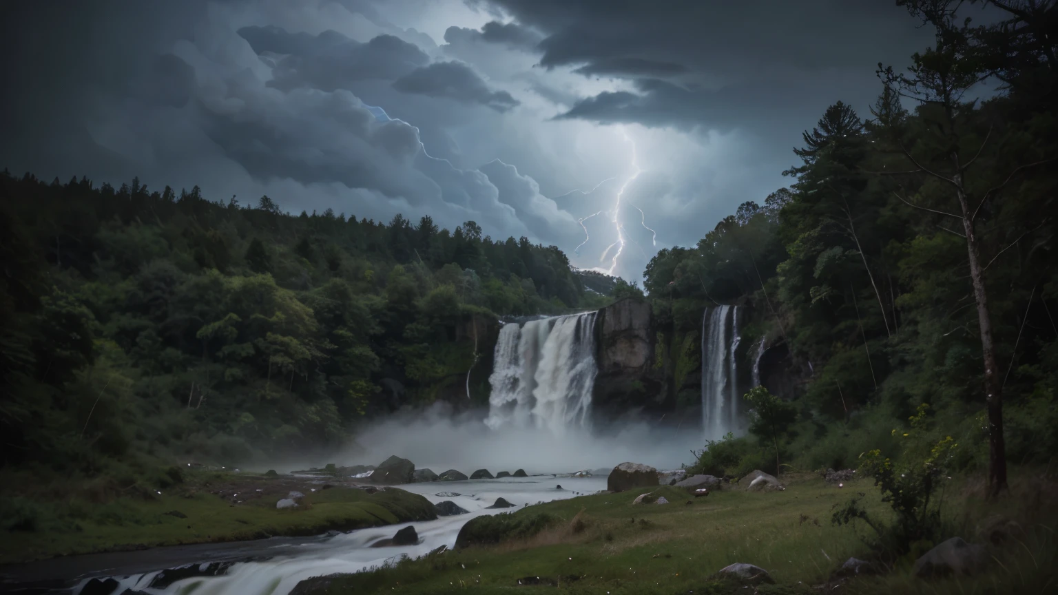 a big waterfall and heavy rain in the forest with fog, Overcast sky with lightning and thunder 