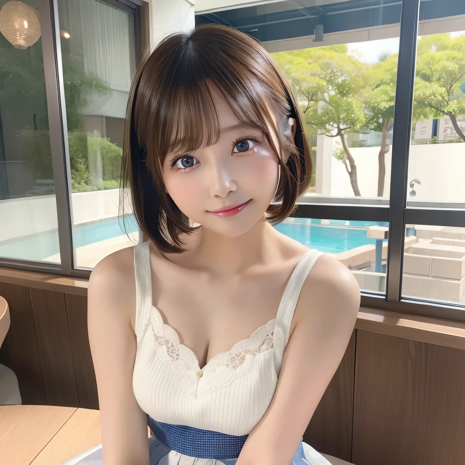 table top, highest quality, shape, Super detailed, small details, High resolution, 8k wallpaper, 完璧なダイナミックな構shape, beautiful and detailed eyes, ladies summer,short bob hair,small breasts and natural colored lips, bold sexy pose,smile,Harajuku、20 year old girl、cute、Check out the sexy shots from the lens、cute、Nogizaka、 beautiful girl