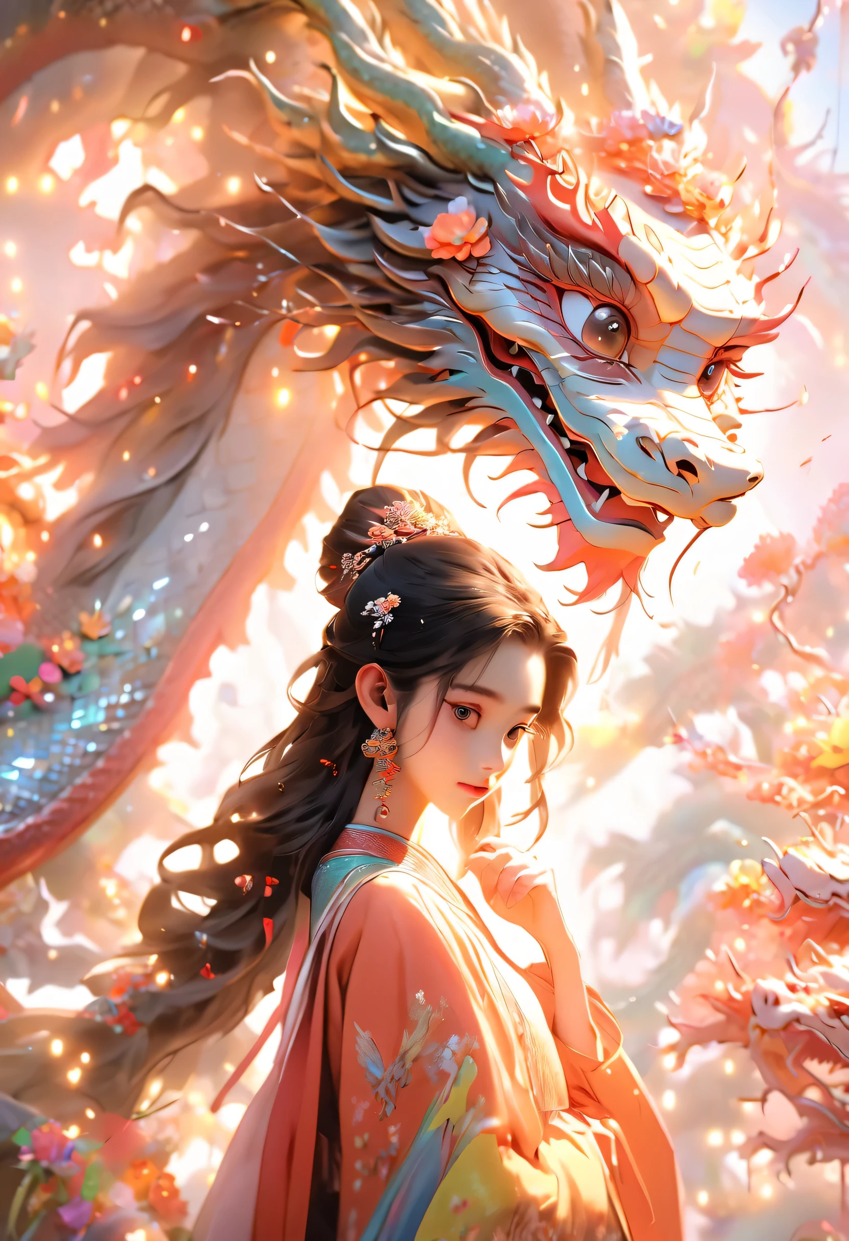 long shot,In front of rainbow Chinese dragon stands a Chinese girl,************,She looks like Angelababy，flowers surround her,The scene is grand, Minimalism, Chinese dragon, c4d rendering, Surrealism, masterpiece, movie lighting, ultra high definition, fine details, color grade, 32k HD