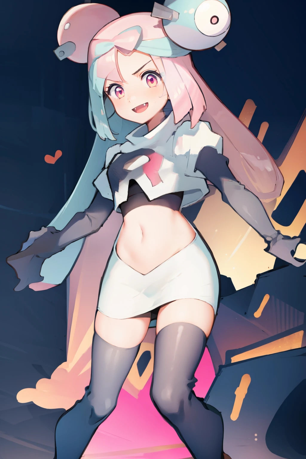 iono,1 girl,pink eyes,solo,smile,open mouth,fangs ,team rocket,team rocket uniform,white skirt,red letter R,crop top,black thigh-highs,black elbow gloves,