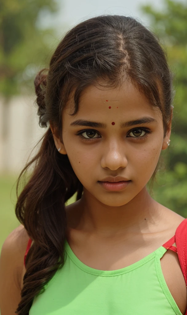 1 girl, Alone, freckle, , looking at viewer, pony tail , sports outfit, curlies, exposed bare shoulders, black color hair,((half-body view)), ((close-up)), (()), she is 17 years oldirl. 17 year old Indian girl,rehead:1.5)), ((shiny lips:1.1)), ((long hairstyle)), beautiful hot indian 17 years old girl, ((beautiful attrssion)), ((beautiful girl), ((seductive expression))