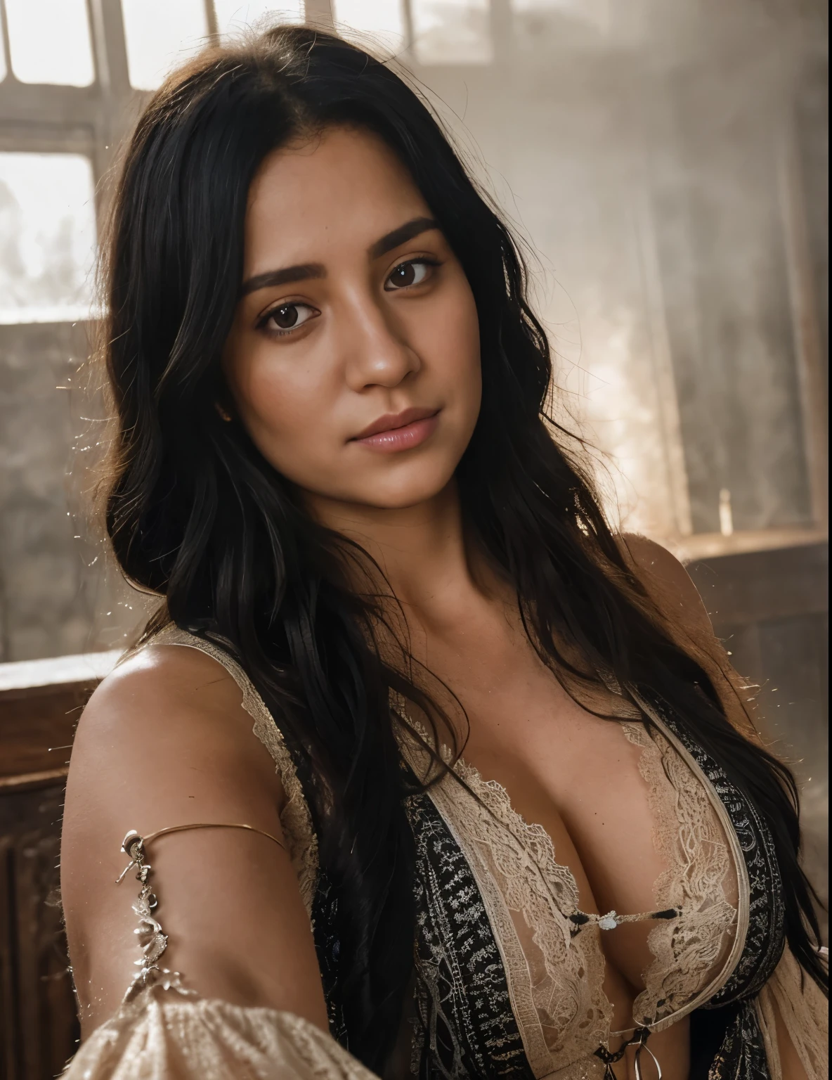 a character photo portrait of a cortian woman with black hair Showcasing a boho-inspired, fringe vest over a lace maxi dress with bell sleeves., unsplash, light and space, dramatic light on face, realistic face moody lighting, light falling on face, selfie, ((selfie))