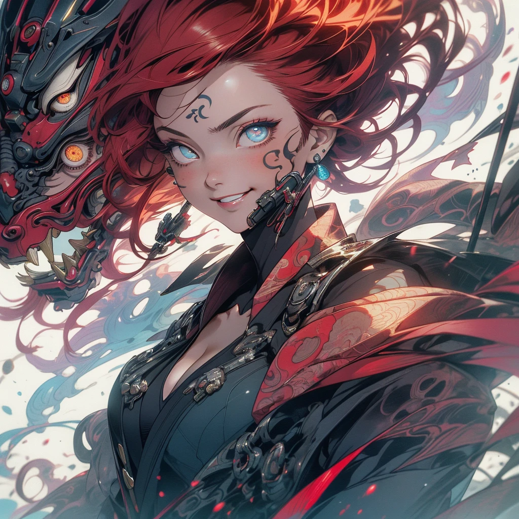 (((highest quality))),(((detailed eyes))),(((32k))),(1 girl),Red hair,(tattoo),(cyber punk),kimono,((Luxurious and gorgeous)),Shiny skin,earrings,flashy,((Super beautiful woman)),(perfect face),Japanese sword,ultimate texture,official art,Ukiyo-e,stylish,photograph,perfect body,smile,Bewitching,Highest image quality,distinct,real,fantasy,(Near the future),ninja,((perfect eyes)),big breasts,((cleavage)),highlight,挑発的なsmile,stick out tongue,split tongue,((mechanical)),Hannya mask,fox,