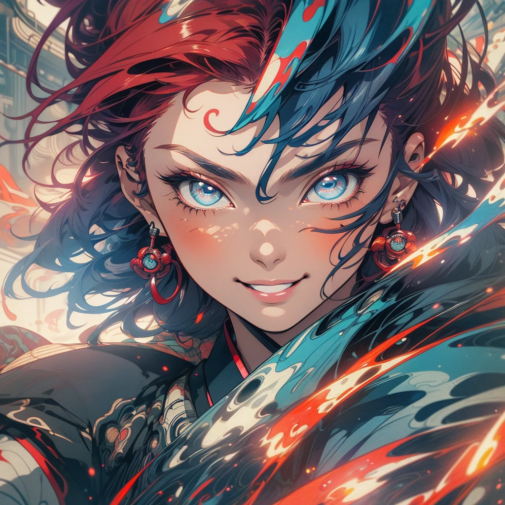 (((highest quality))),(((detailed eyes))),(((32k))),(1 girl),Red hair,(tattoo),(cyber punk),kimono,((Luxurious and gorgeous)),Shiny skin,earrings,flashy,((Super beautiful woman)),(perfect face),Japanese sword,ultimate texture,official art,Ukiyo-e,stylish,photograph,perfect body,smile,Bewitching,Highest image quality,distinct,real,fantasy,(Near the future),ninja,((perfect eyes)),big breasts,((cleavage)),highlight,挑発的なsmile,stick out tongue,split tongue,((mechanical)),Hannya mask,fox,