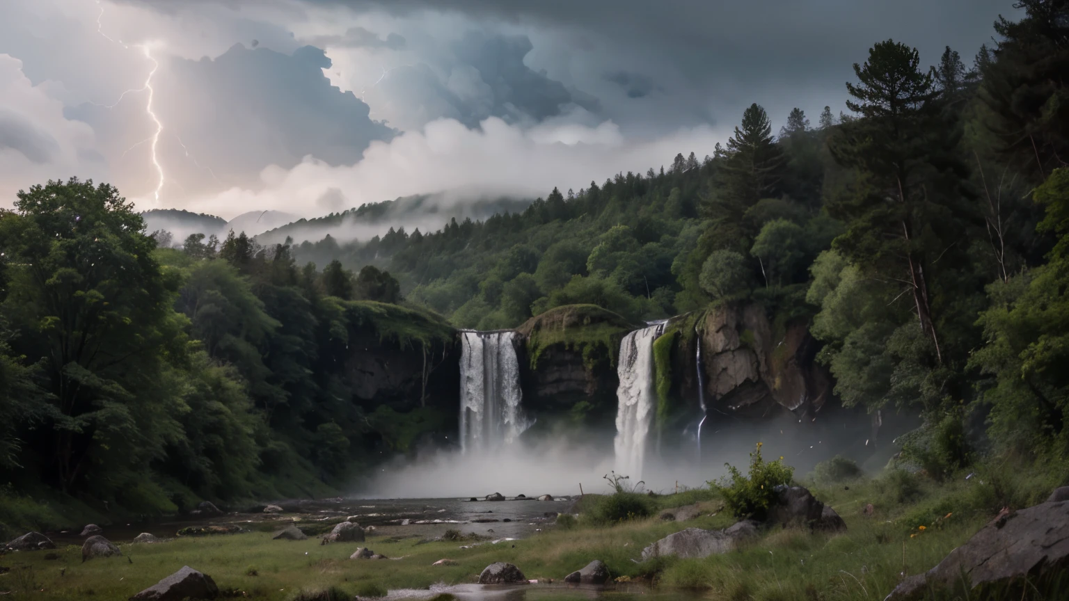 a big waterfall and heavy rain in the forest with fog, Overcast sky with lightning and thunder