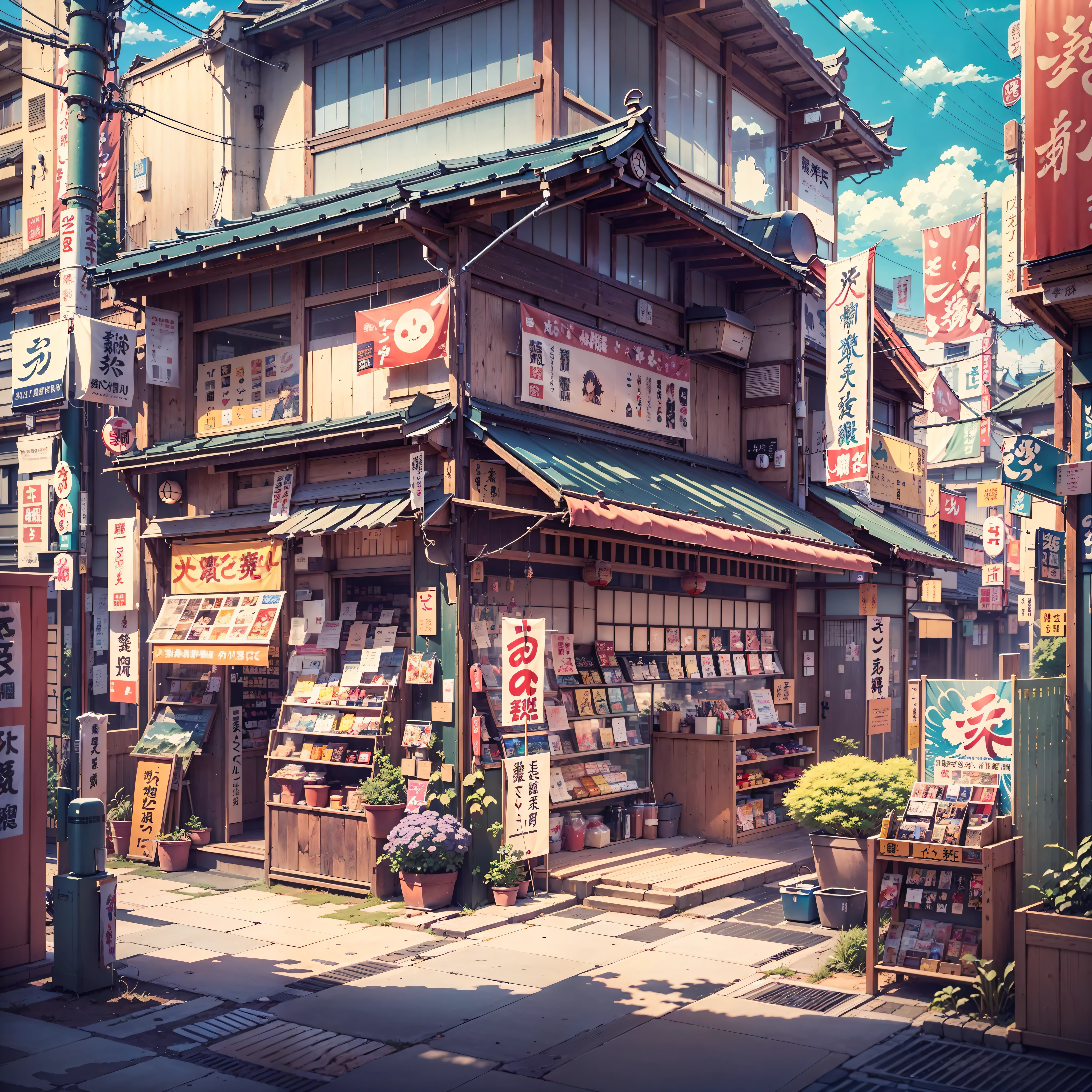 sunny, beautiful weather. modern Japanese city street, japanese shop. Best quality. No one in sight. Anime. Anime style. lofi. dramatic weather. wide view, wide angle. Next to street. Modern village, anime background, anime wallpaper, anime, anime style, anime vibe, japanese shop signs, japanese banners, masterpiece,