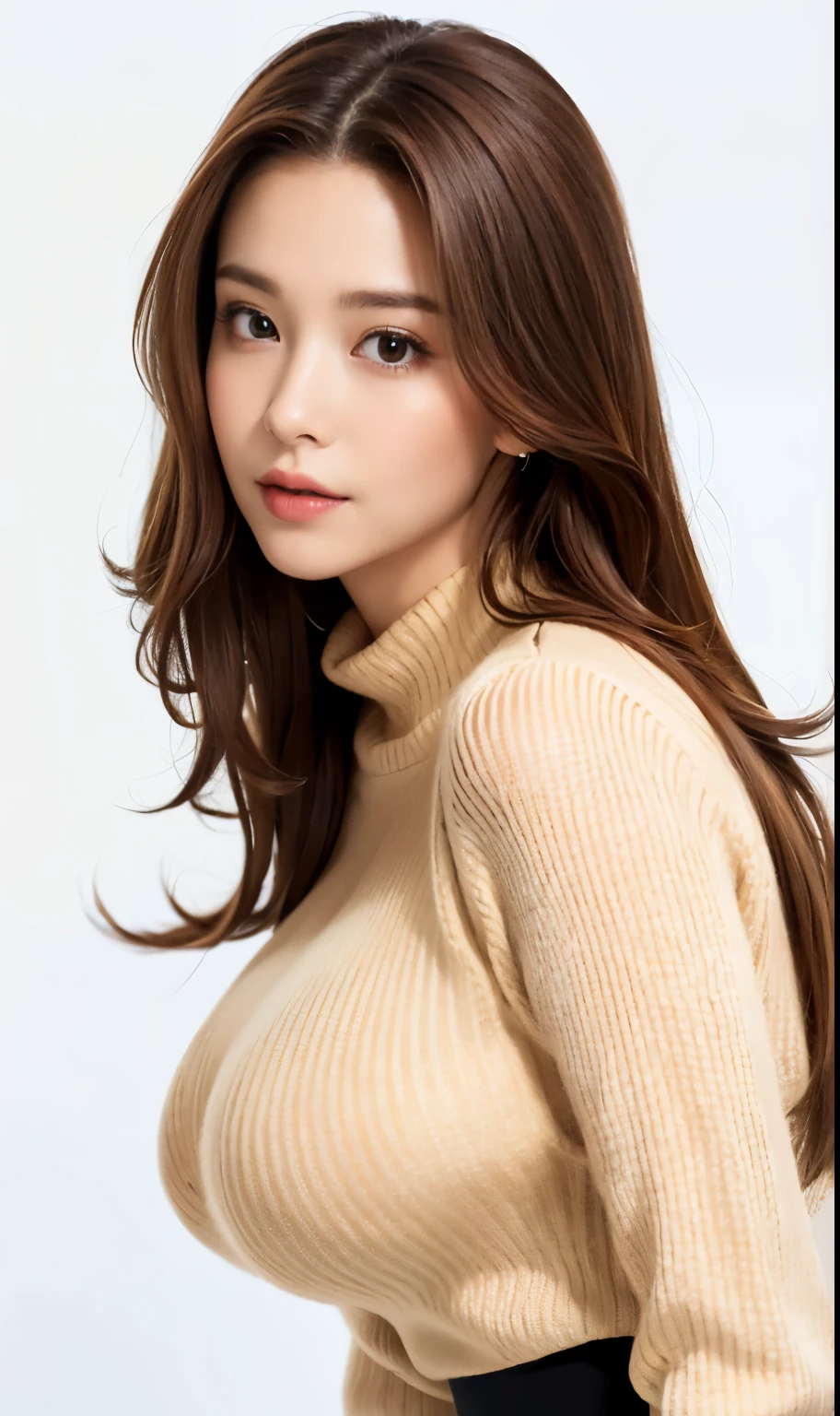 highest quality, ultra high resolution, (realistic:1.4), 1 girl, longsl-sleeves sweater, (whole body), (close), wide angle, (Low - Angle), (big breasts, (Brown long hair:1.3), (looking at the viewer),