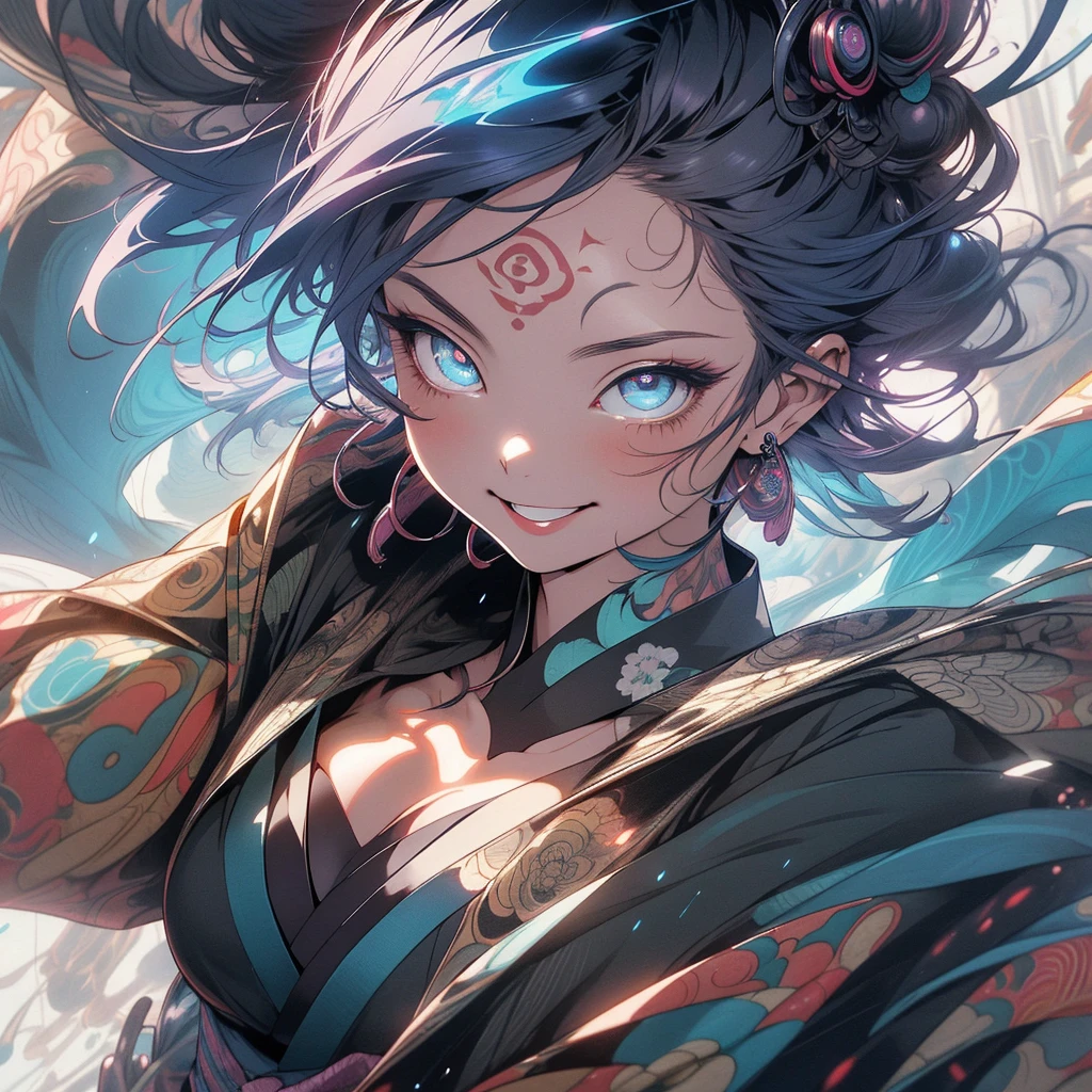 (((highest quality))),(((detailed eyes))),(((32k))),(1 girl),flashyな色の髪,(tattoo),(cyber punk),kimono,((Luxurious and gorgeous)),Shiny skin,earrings,flashy,((Super beautiful woman)),(perfect face),Japanese sword,ultimate texture,official art,Ukiyo-e,stylish,photograph,perfect body,smile,Bewitching,Highest image quality,distinct,real,fantasy,(Near the future),ninja,((perfect eyes)),big breasts,((cleavage)),highlight,挑発的なsmile,stick out tongue,split tongue,((mechanical)),Hannya mask,fox,mandala,Pouring rain,