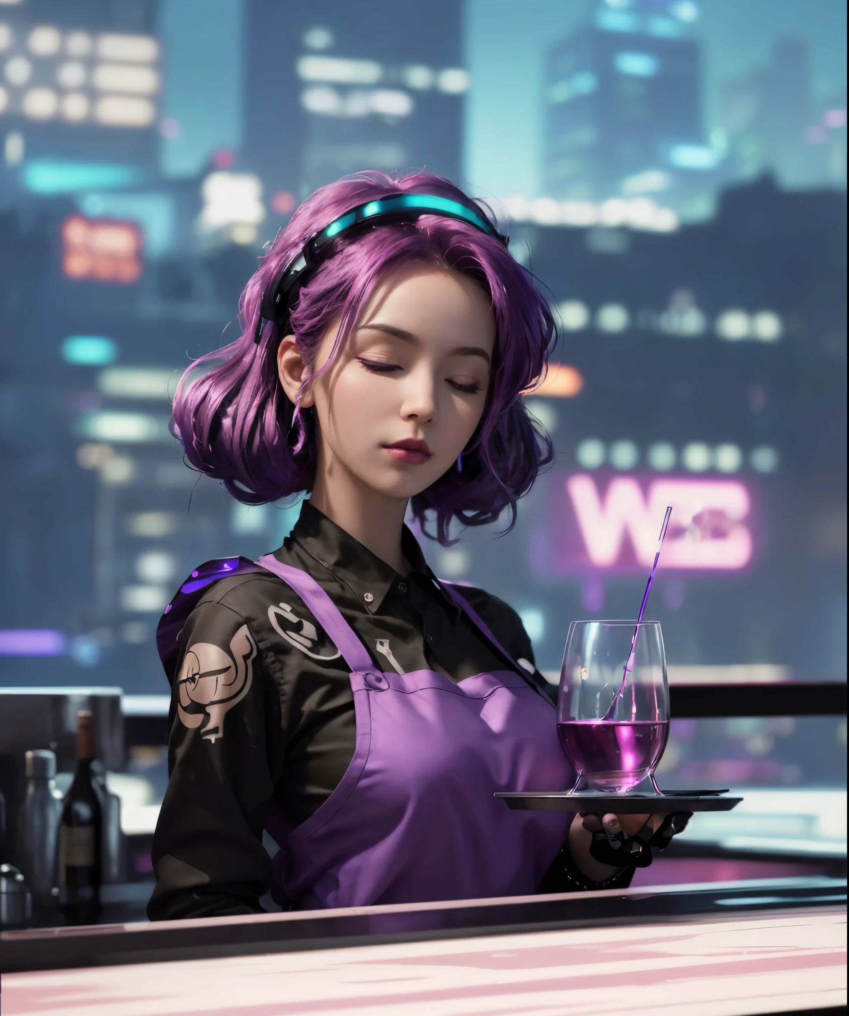 A woman with purple hair, (((eyes closed))), bartender, holding a wine glass in her hand, white apron, black shirt, bartender standing in front of the bar, beautiful face, holding another glass in her hand A cup tray with wine, ((cyberpunk city by the sea, huge buildings, neon lights))), dark clouds, ((synthwave background theme, detailed background: 1.25)), (((night, beautiful lights decoration, detailed Architecture) ))), (Best Quality, High Resolution, Sharp Focus, Super Detailed, Extremely Detailed, Extremely High Quality Artwork, (Realistic, Photorealistic: 1.37), 8k_wallpaper, (Extremely Detailed CG 8k), (very detailed 8K CG), (super super super detailed perfect work))), flawless, (((masterpiece))), illustration, vibrant colors, (complex), high contrast, selective lighting, double exposure , HDR (High Dynamic Range), Post-Processing, Background Blur, Color, (Complex), High Contrast, Selective Lighting, Double Exposure, HDR (High Dynamic Range), Post-Processing, Background Blur,