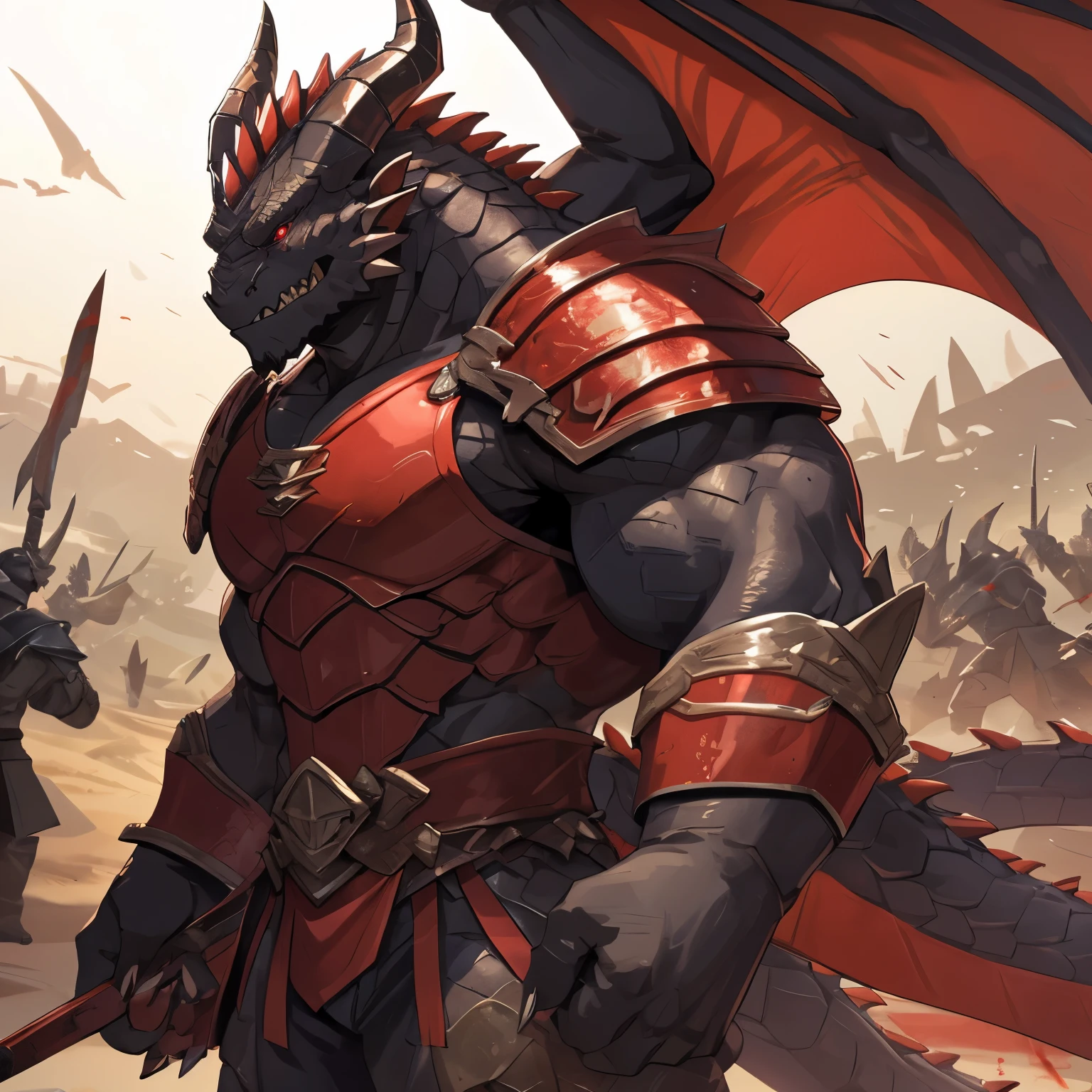 Dragon Orc，male，Strong build。The black skin is covered with hard, thick scales，There is a pair of blood red wings on the back。long, sharp teeth、Dragon horns and claws。standing on a battlefield，Wearing red armor