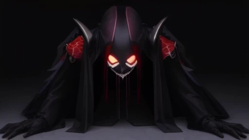 a demonic spider with glowing eyes and a long black cape, with olhos vermelhos brilhantes, evil looking, o ceifador como um assustador, evil villain grin, sorriso maligno e olhos brilhantes, evil villain, com olhos vermelhos brilhantes, dark supervillain, olhos vermelhos brilhantes, Ainz Ooal vestido, omen from valorant, olhar sinistro, ceifador de overwatch
