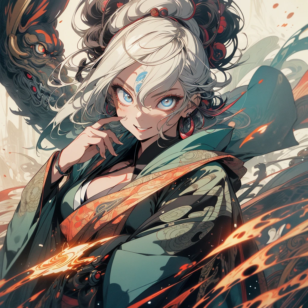 (((highest quality))),(((detailed eyes))),(((32k))),(1 girl),flashyな色の髪,(tattoo),(cyber punk),kimono,((Luxurious and gorgeous)),Shiny skin,earrings,flashy,((Super beautiful woman)),(perfect face),Japanese sword,ultimate texture,official art,Ukiyo-e,stylish,photograph,perfect body,smile,Bewitching,Highest image quality,distinct,real,fantasy,(Near the future),ninja,((perfect eyes)),big breasts,((cleavage)),highlight,挑発的なsmile,stick out tongue,split tongue,((mechanical)),Hannya mask,fox,mandala,Pouring rain,