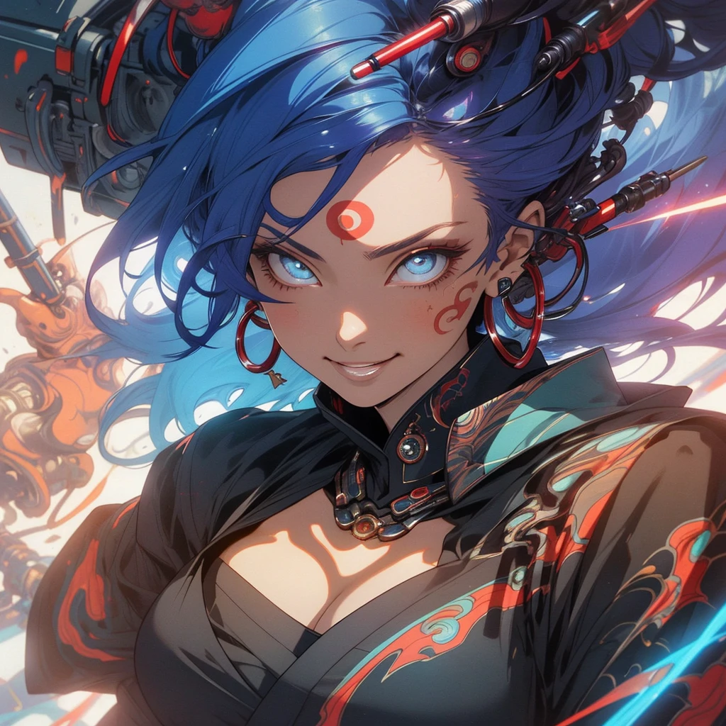 (((highest quality))),(((detailed eyes))),(((32k))),(1 girl),red and blue hair,(tattoo),(cyber punk),kimono,((Luxurious and gorgeous)),Shiny skin,earrings,flashy,((Super beautiful woman)),(perfect face),Japanese sword,ultimate texture,official art,Ukiyo-e,stylish,photograph,perfect body,smile,Bewitching,Highest image quality,distinct,real,fantasy,(Near the future),ninja,((perfect eyes)),big breasts,((cleavage)),highlight,挑発的なsmile,stick out tongue,split tongue,((mechanical)),Hannya mask,fox,