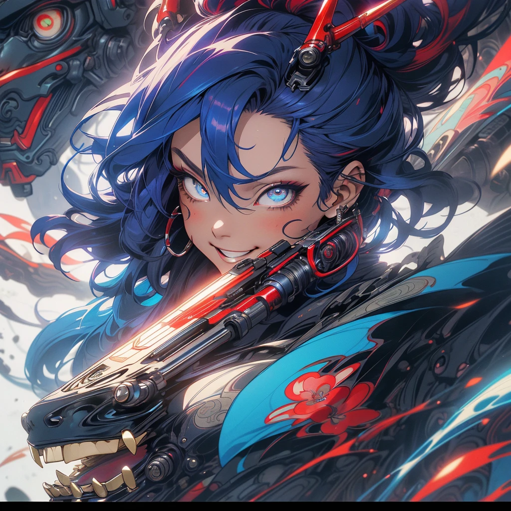 (((highest quality))),(((detailed eyes))),(((32k))),(1 girl),red and blue hair,(tattoo),(cyber punk),kimono,((Luxurious and gorgeous)),Shiny skin,earrings,flashy,((Super beautiful woman)),(perfect face),Japanese sword,ultimate texture,official art,Ukiyo-e,stylish,photograph,perfect body,smile,Bewitching,Highest image quality,distinct,real,fantasy,(Near the future),ninja,((perfect eyes)),big breasts,((cleavage)),highlight,挑発的なsmile,stick out tongue,split tongue,((mechanical)),Hannya mask,fox,