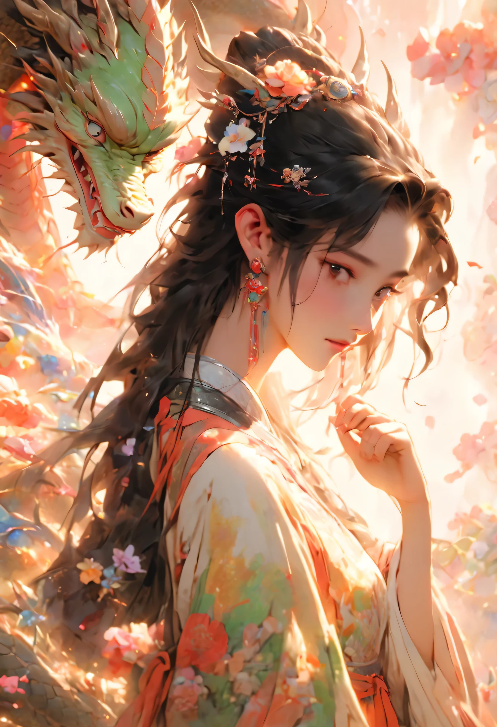 long shot,In front of rainbow Chinese dragon stands a Chinese girl,************,She looks like Angelababy，flowers surround her,The scene is grand, Minimalism, Chinese dragon, c4d rendering, Surrealism, masterpiece, movie lighting, ultra high definition, fine details, color grade, 32k HD
