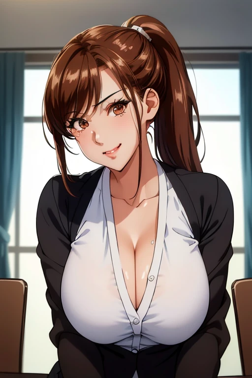 masterpiece，best quality，highest quality，perfect anatomy，high resolution，Super detailed，8k wallpaper，texture，detail，distinctive，HDR，extremaly detailed cg，Azuma Hisato，1 girl，solo，whole body，stand，ponytail，brown头发，Bangs, brown_Eye, 20 years old, adult, looking at the audience, Smile, s face, cleavage(beauty,big breasts:1.5), (beauty脸:1.5),(Narrow waist), office服装, office