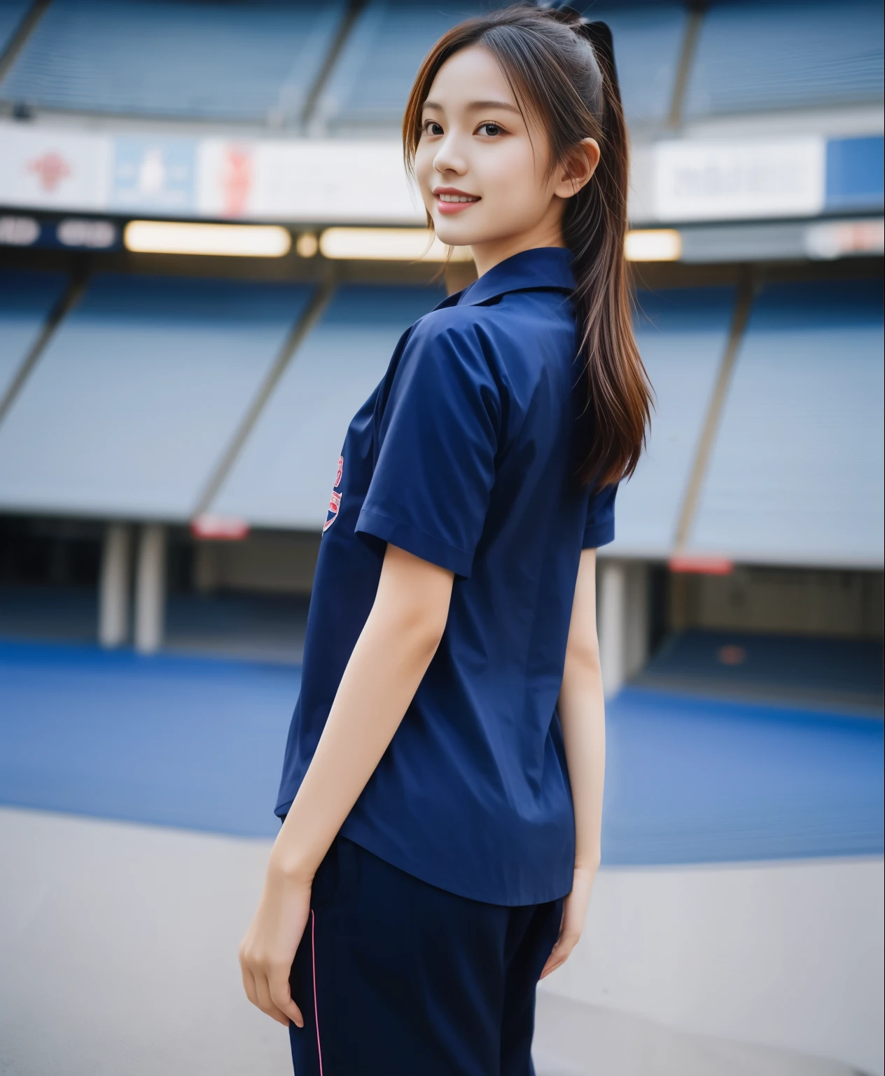 (best quality,10,10,height,Masterpiece:1.2),Special details,(realistic,ภาพrealistic,Realistic photos:1.37),1 cute girl on the football field,Shiny skin,only,smile softly,BDclothelue shirt:1.3)),short sleeve,shirt, กางเกงขาlong.,(navy_long_ติดตามกางเกงขาlong:1.1), ((stadium background:1.3)),Dynamic angle,excited,Face focus,dynamic poses,from behind,focus ass,Masterpiece, best quality, ultra realistic, Too many details, 8k resolution, raw photos, Sharp focus, ((Navy blue shirt:1.1)), short sleeve, เส้นทางlong, perfect bodyแบบ, 2 mature women, 18, Cinema-grade lighting system ,กางเกงขาlongวอร์มสีน้ําเงิน,shirtผ้าออกกำลังกาย,correct anatomy,perfect body, correct body, Sharp face, correct bodyทางกายวิภาค, full body, realistic gestures, long-haired, realistic ,ช่วงขาlong,fit,carved girl, Slender figure, model, fit, beautiful body,Blue sweatpants, กางเกงวอร์มขาlong