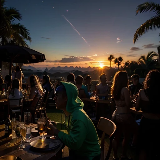 alien-planet, party, many creatures from different planets, sunset, drinking, dancing, not too dark