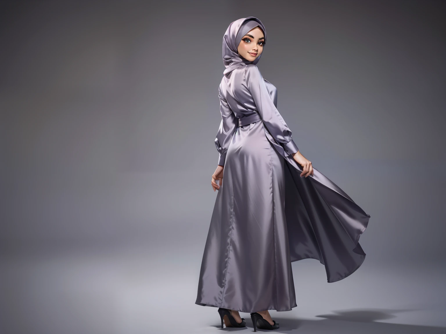Character Design - a ((full body)) character design sheet of a beautiful hijab girl character, beautifully makeup, eyeshadow, Parted Lips, detailed eyes, beautiful big eyes, long eye lashes, smile. She's dresses (Dark gray satin headscarf)), loosely tide hijab style, ((Taupe satin shirt)), satin long gown. Cartoon style, view from back