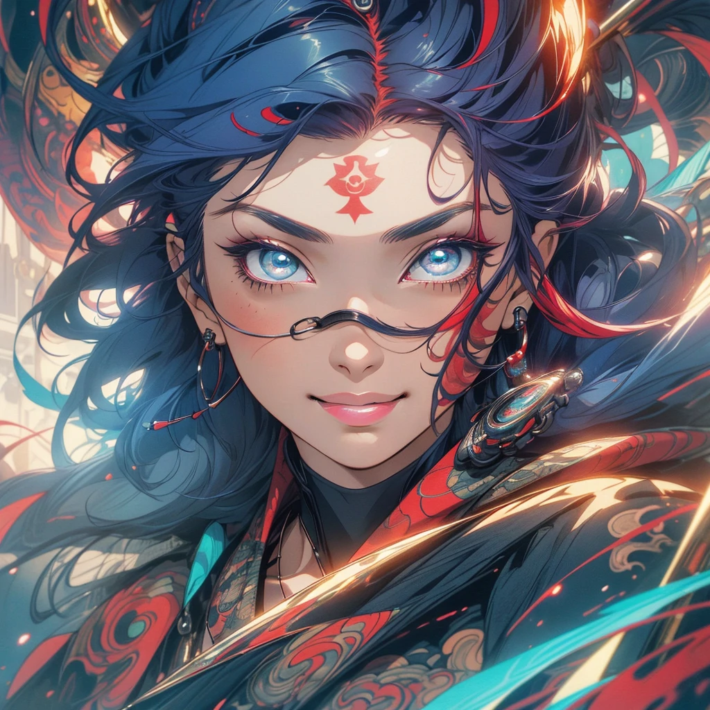 (((highest quality))),(((detailed eyes))),(((32k))),(1 girl),Red hair,(tattoo),(cyber punk),kimono,((Luxurious and gorgeous)),Shiny skin,earrings,flashy,((Super beautiful woman)),(perfect face),Japanese sword,ultimate texture,official art,Ukiyo-e,stylish,photograph,perfect body,smile,Bewitching,Highest image quality,distinct,real,fantasy,(Near the future),ninja,((perfect eyes)),big breasts,((cleavage)),highlight,挑発的なsmile,stick out tongue,split tongue,((mechanical)),prajna mask,fox,