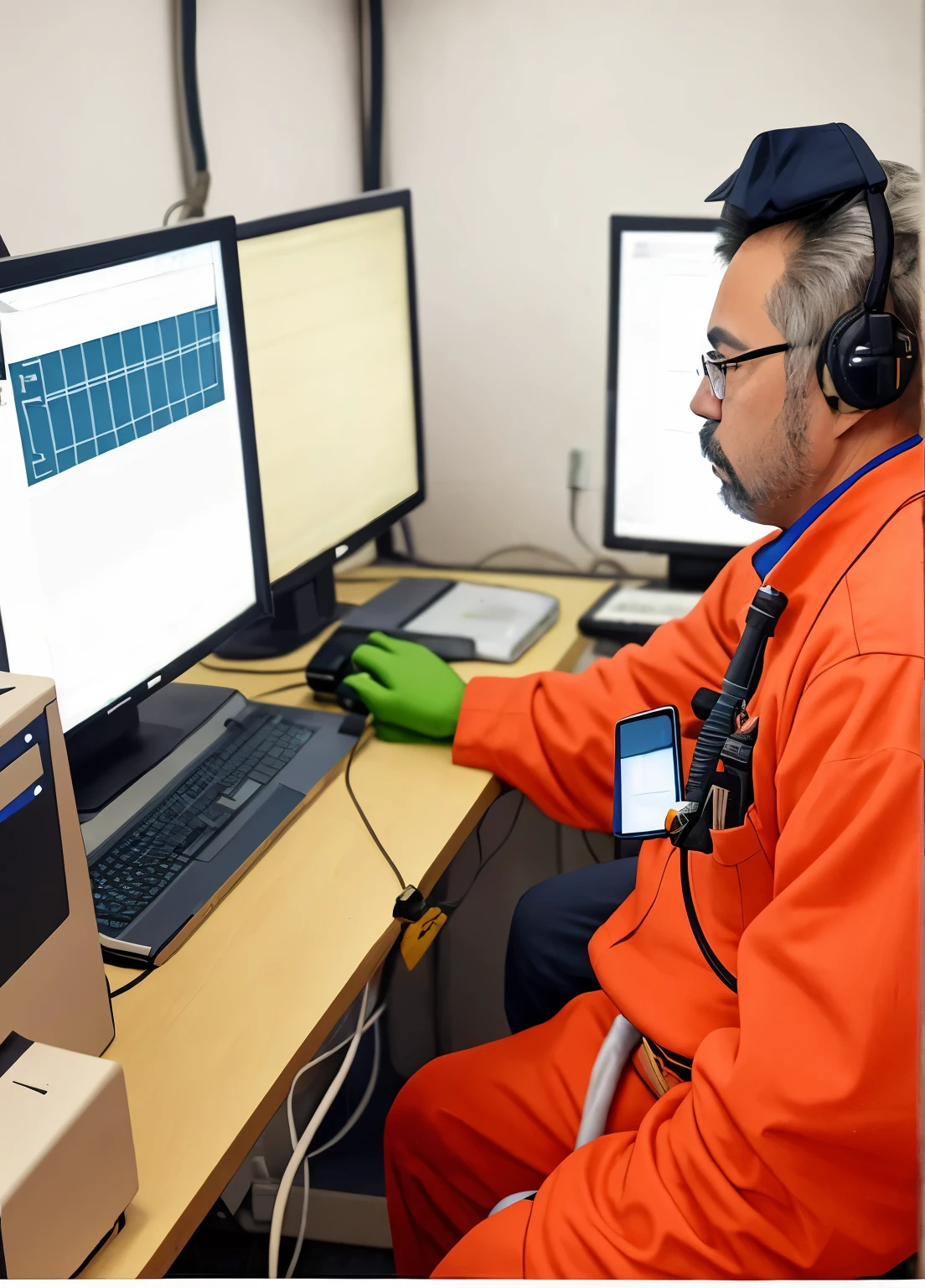 arafed man in an orange suit sitting at a desk with a laptop and a cell phone, dsrl photo, maintenance photo, working inside reactor room, working, tending on arstation, operation, engineer, image, very high resolution, advanced technology, sitting at a control center, portlet photo, hr