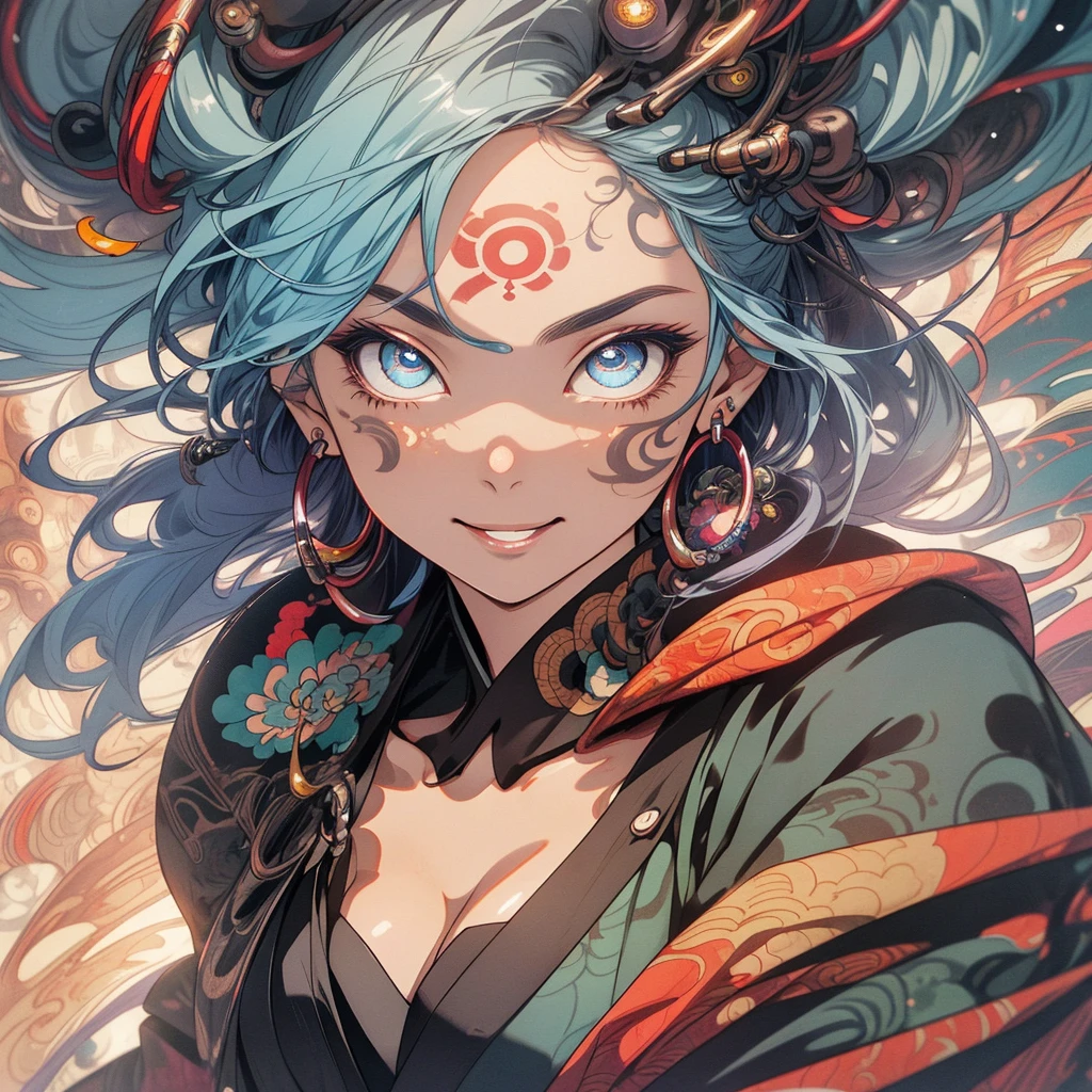 (((highest quality))),(((detailed eyes))),(((32k))),(1 girl),flashyな色の髪,(tattoo),(cyber punk),kimono,((Luxurious and gorgeous)),Shiny skin,earrings,flashy,((Super beautiful woman)),(perfect face),Japanese sword,ultimate texture,official art,Ukiyo-e,stylish,photograph,perfect body,smile,Bewitching,Highest image quality,distinct,real,fantasy,(Near the future),ninja,((perfect eyes)),big breasts,((cleavage)),highlight,挑発的なsmile,stick out tongue,split tongue,((mechanical)),Hannya mask,fox,mandala,Pouring rain,Majestic,apotheosis,