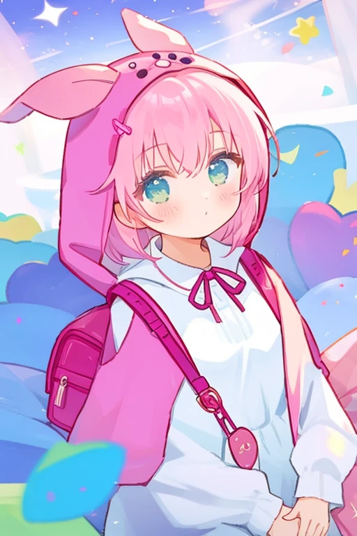 1 girl， solo， hair accessories， Transparent white silk pajamas， pink ribbon， open your clothes， neck strap， Hooded， Bag， looking at the audience，  long sleeves， The shirt is tucked in， hairpin， upper part of body， medium breasts， medium hair