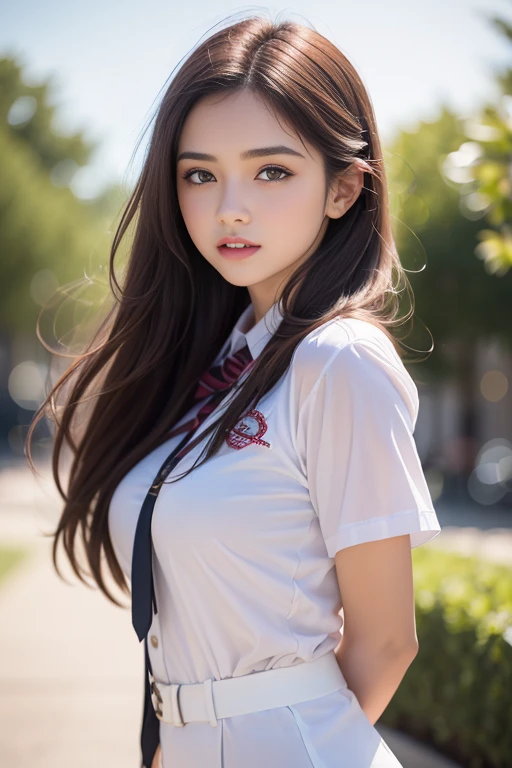 (2 brown hair, Amazing face and eyes, ojos rosados, (Uniforme de alta escuela con los pechos abiertos:1.2), hermosos pechos grandes, Pechos desnudos, (Amazingly beautiful girl), brown hair, (Uniforme de escuela secundaria, Minifalda plisada:1.5), ((La mejor calidad)), (Ultra detallado), (fondo de pantalla CG unificado 8k extremadamente detallado), Altamente detallado, high definition RAW color photos, Professional Photography, (((Bokeh))), Profundidad de campos,