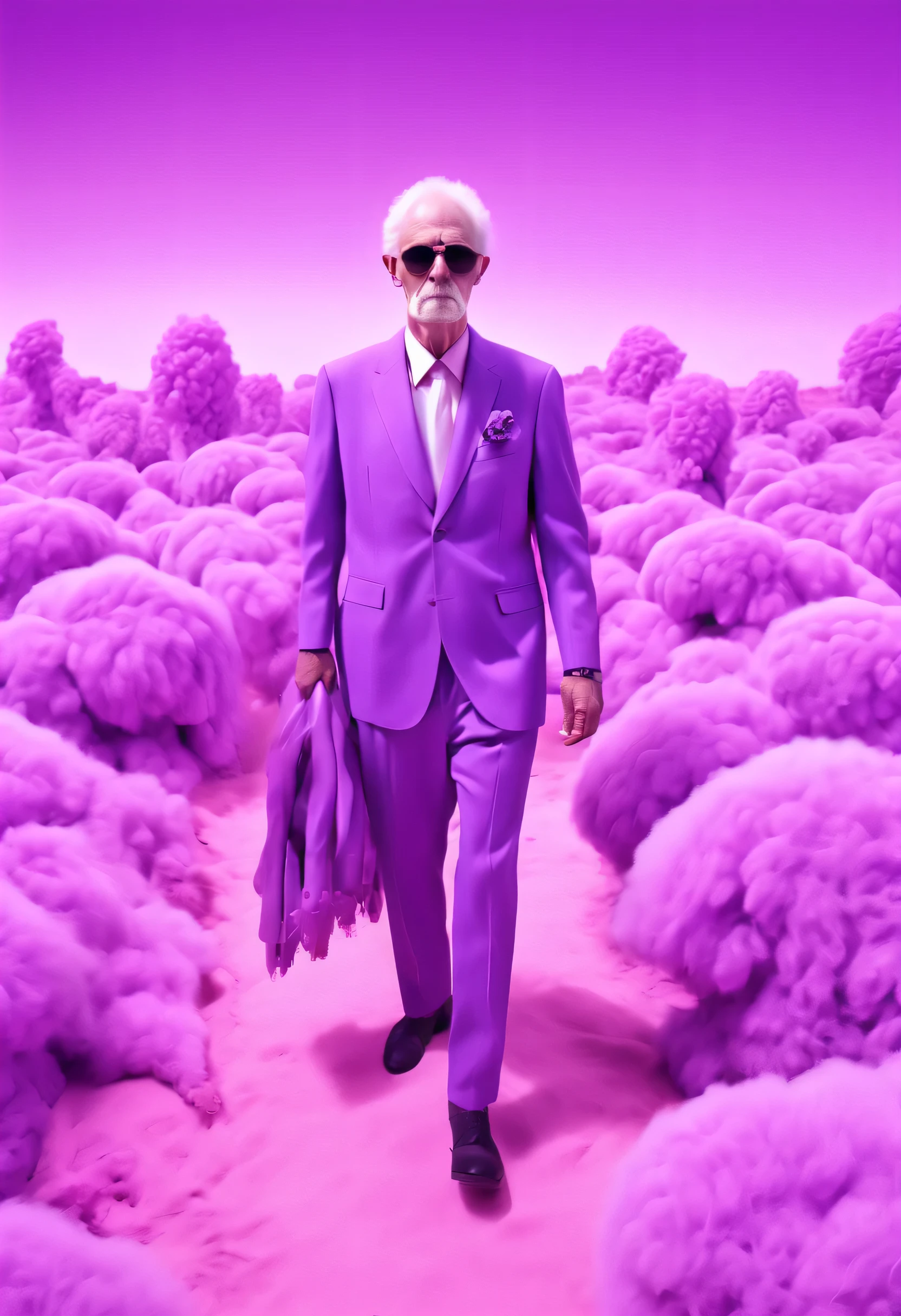 The man is wearing purple clothes, Wearing a white and purple suit, Surreal 3D landscape style, Poodle Punk, Dalia Endresen, Pseudo infrared, Grandparent core, Surreal pop