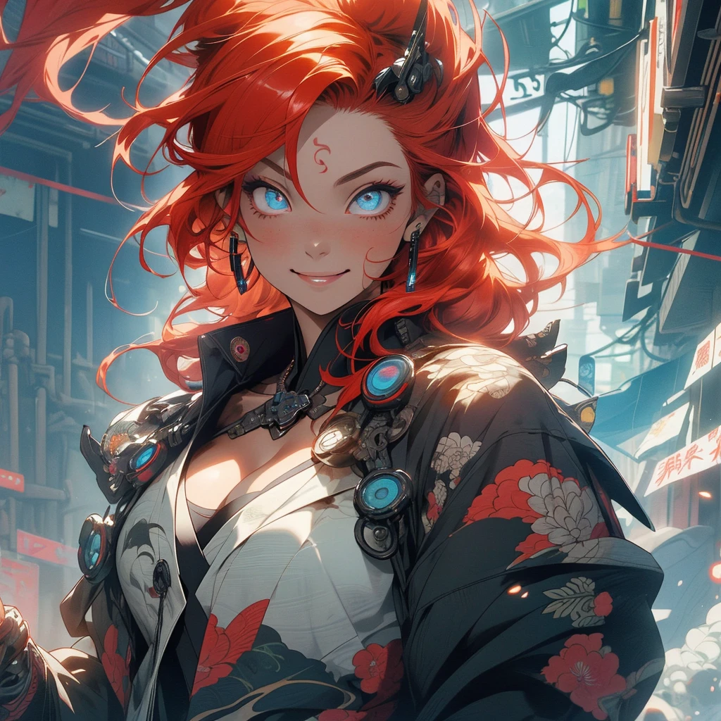 (((highest quality))),(((detailed eyes))),(((32k))),(1 girl),Red hair,(tattoo),(cyber punk),kimono,((Luxurious and gorgeous)),Shiny skin,earrings,flashy,((Super beautiful woman)),(perfect face),Japanese sword,ultimate texture,official art,Ukiyo-e,stylish,photograph,perfect body,smile,Bewitching,Highest image quality,distinct,real,fantasy,(Near the future),ninja,((perfect eyes)),big breasts,((cleavage)),highlight,挑発的なsmile,stick out tongue,split tongue,((mechanical)),prajna mask,fox,