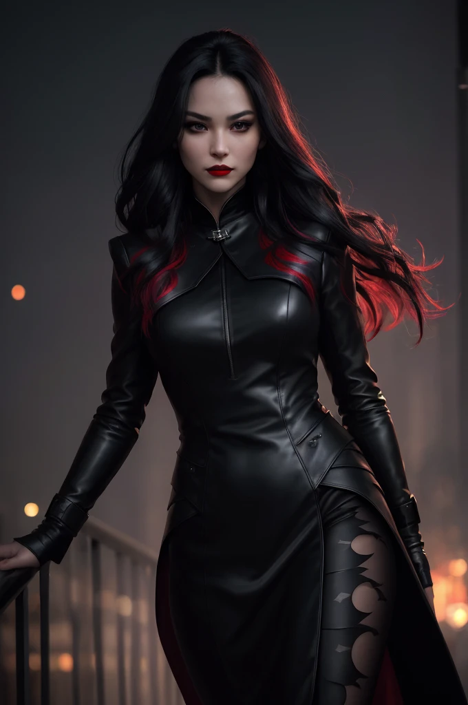 (high quality,4k,8k,highres,masterpiece:1.2),ultra-detailed,(realistic,photorealistic,photo-realistic:1.37),vivid colors,sharp focus,bokeh,[official character art],[full-body character portrait],[female rogue assassin],[vampire],[red coat],[black dress],[hands on hips],[long wavy hair],[intense stare],[pale skin],[fierce expression],[mysterious atmosphere],[dark background],[elegant pose],[sharp fangs],[piercing eyes],[elegant demeanor],[confident stance],[striking silhouette],[powerful presence],[nighttime setting],[subtle moonlight],[dramatic lighting],[hair blowing in the wind],[delicate facial features],[alluring charm],[mysterious aura],[perfectly groomed eyebrows],[red lipstick],[intricate patterns on the coat],[stunning visual impact],[dynamic composition]
