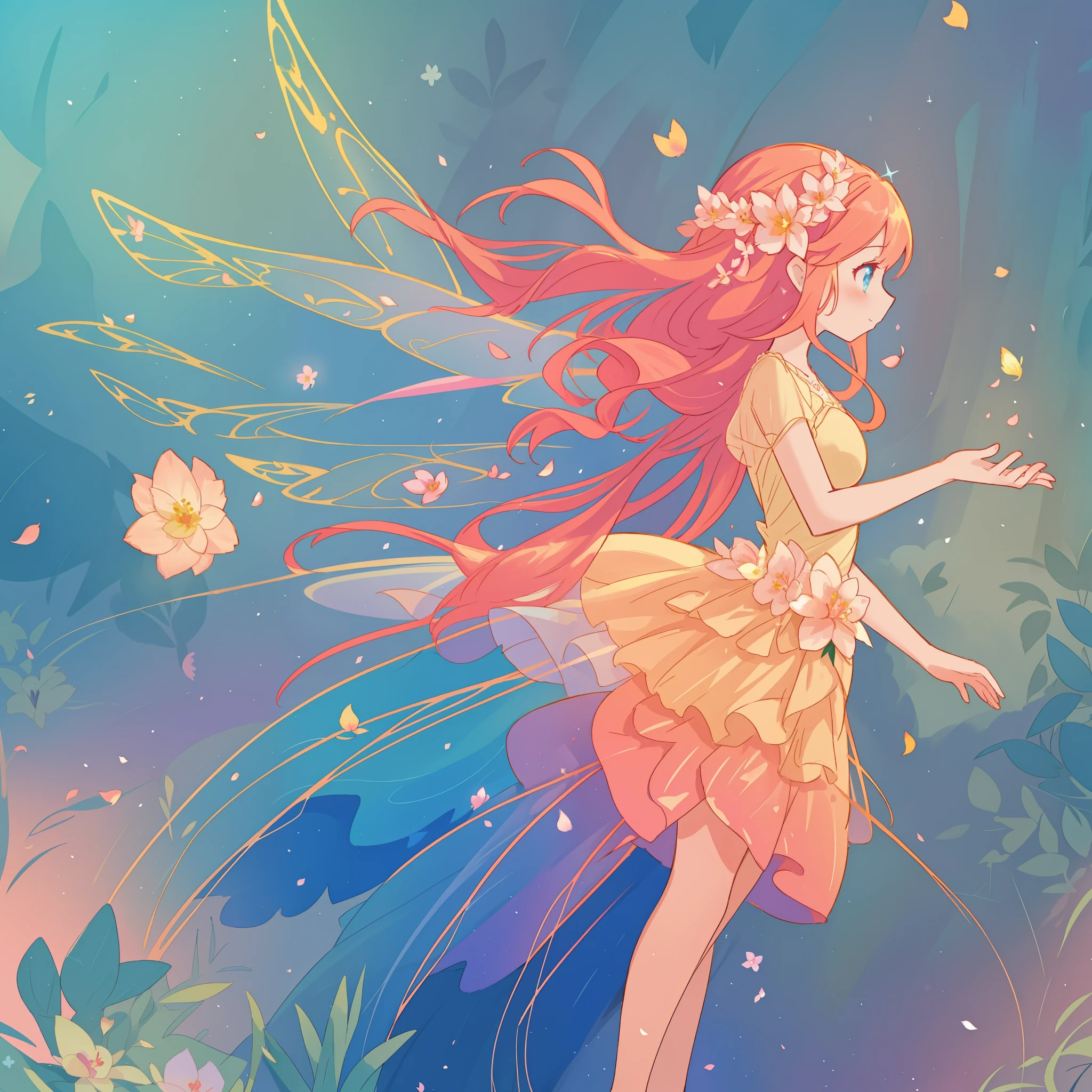 beautiful girl in tiered gradient ballgown dress, gradient colorful dress, ((layered flower petal skirt)), fairy dress, fairy queen, magical forest background, (glowing fairy wings), glowing flowing ballgown, long wavy hair, sparkling fairy wings, watercolor illustration, flowers and colorful plants, inspired by Glen Keane, inspired by Lois van Baarle, disney art style, by Lois van Baarle, glowing aura around her, by Glen Keane, jen bartel, glowing lights! digital painting, flowing glowing hair, glowing flowing hair, beautiful digital illustration, fantasia otherworldly landscape plants flowers, beautiful, masterpiece, best quality, anime disney style