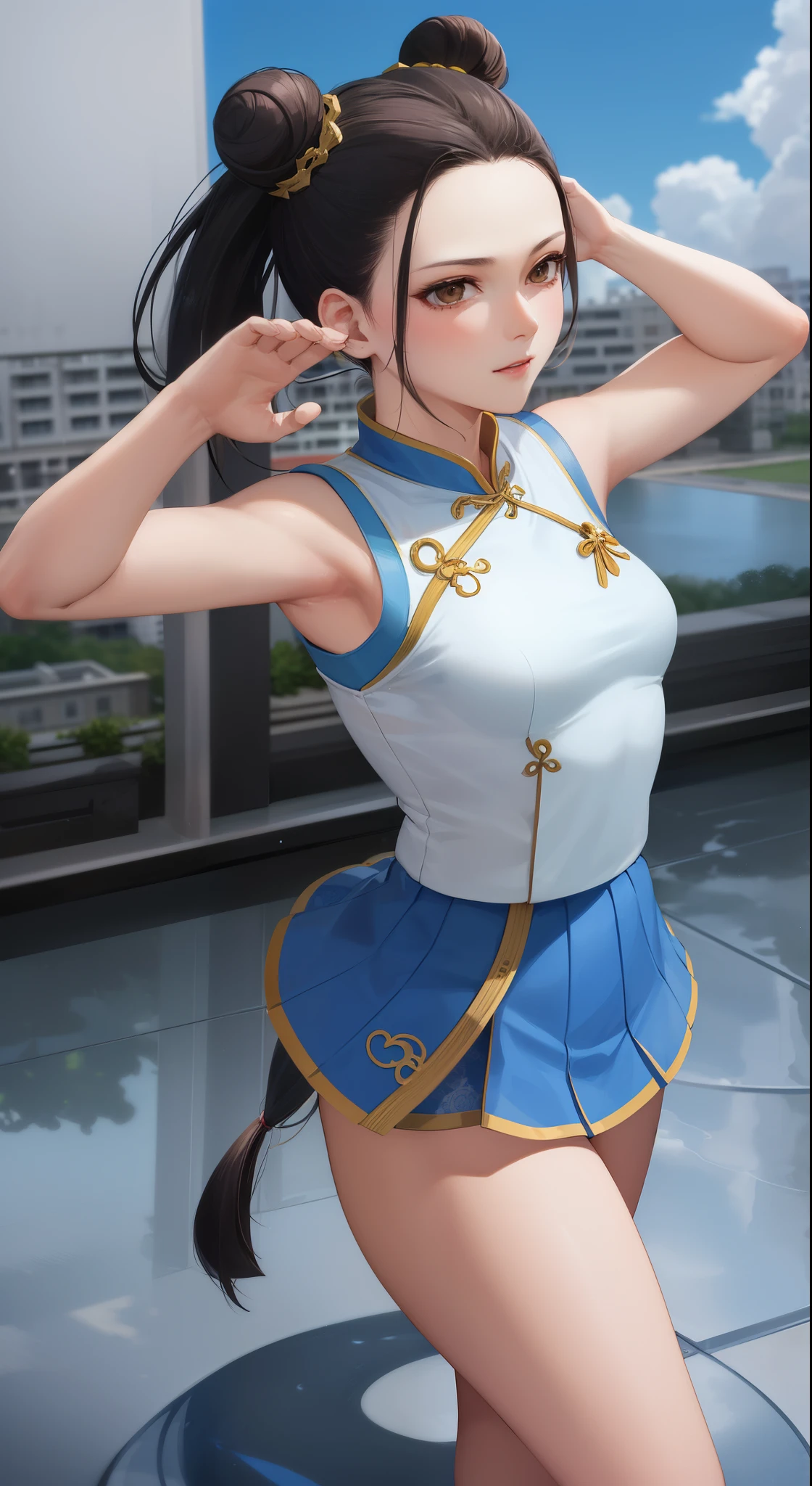 Paichang, Blue ribbon ponytail, brown eyes, double bun,bright hair,Kungfu pose standing, alone , ,  combat readiness, 
Paiati,White Mini Cheongsam, band, mini skirt、white panties、, sleeve less,
marble floor, blue sky, cloudy, evening,
(Extremely detailed, beautiful detailed face, masterpiece, highest quality)    