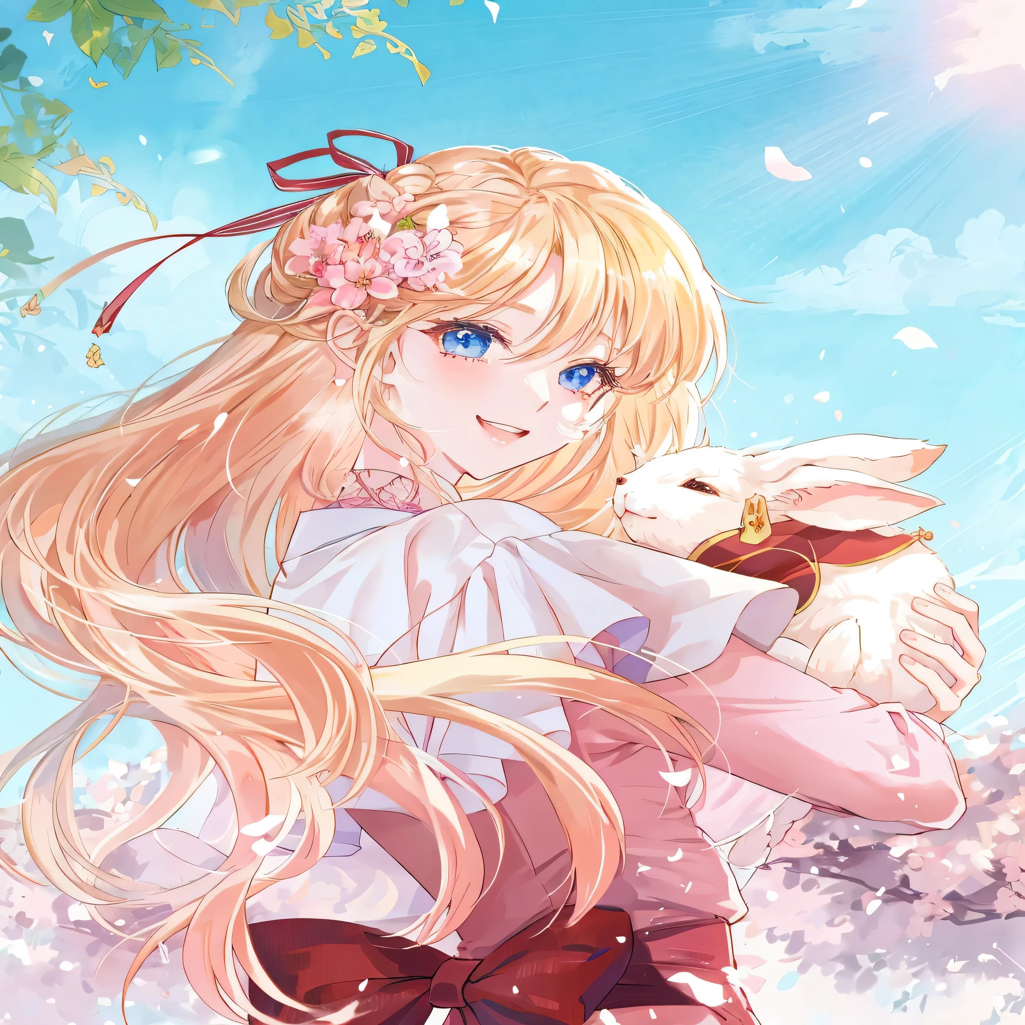 Anime girl with long blond hair holding a rabbit in her hands, blonde anime long hair girl, Soft anime illustration, Beuatiful anime girl, Beuatiful anime portrait, cute anime girl, pretty anime girl, Beuatiful anime style, Beuatiful anime, cute anime girl portrait, Beuatiful anime art style, Beuatiful anime woman, Digital animated illustration, anime long hair girl, cute anime girl portraits