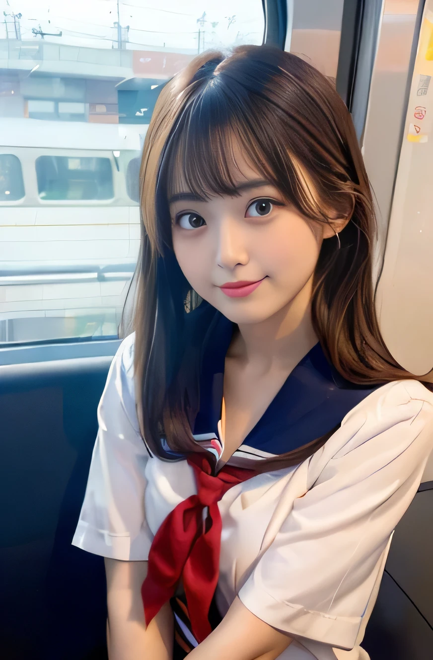 (8K, highest quality, RAW photo),(masterpiece:1.4),(High resolution:1.4), 1 girl, (japanese high school uniform with sailor collar:1.2), sailor suit, red scarf, とてもcute, cute, very pretty, (Lively exterior:1.4), detailed eyes, brown hair, short hair, wave hair,(school uniform:1.2),white shirt, nude, (smile shyly:1.4), (gentle smile:1.4), (looking at the viewer:1.4), (took off my clothes:1.4), (spread your legs:1.4), big breasts, cleavage, on the train, (on the trainで:1.2),