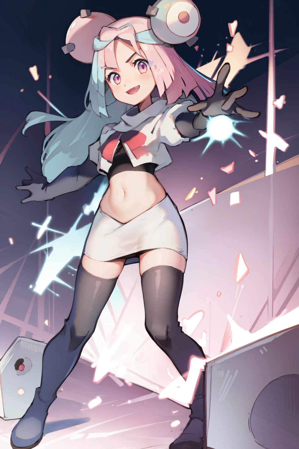 iono,1 girl,pink eyes,solo,smile,open mouth,fangs ,team rocket,team rocket uniform,white skirt,red letter R,crop top,black thigh-highs,black elbow gloves,