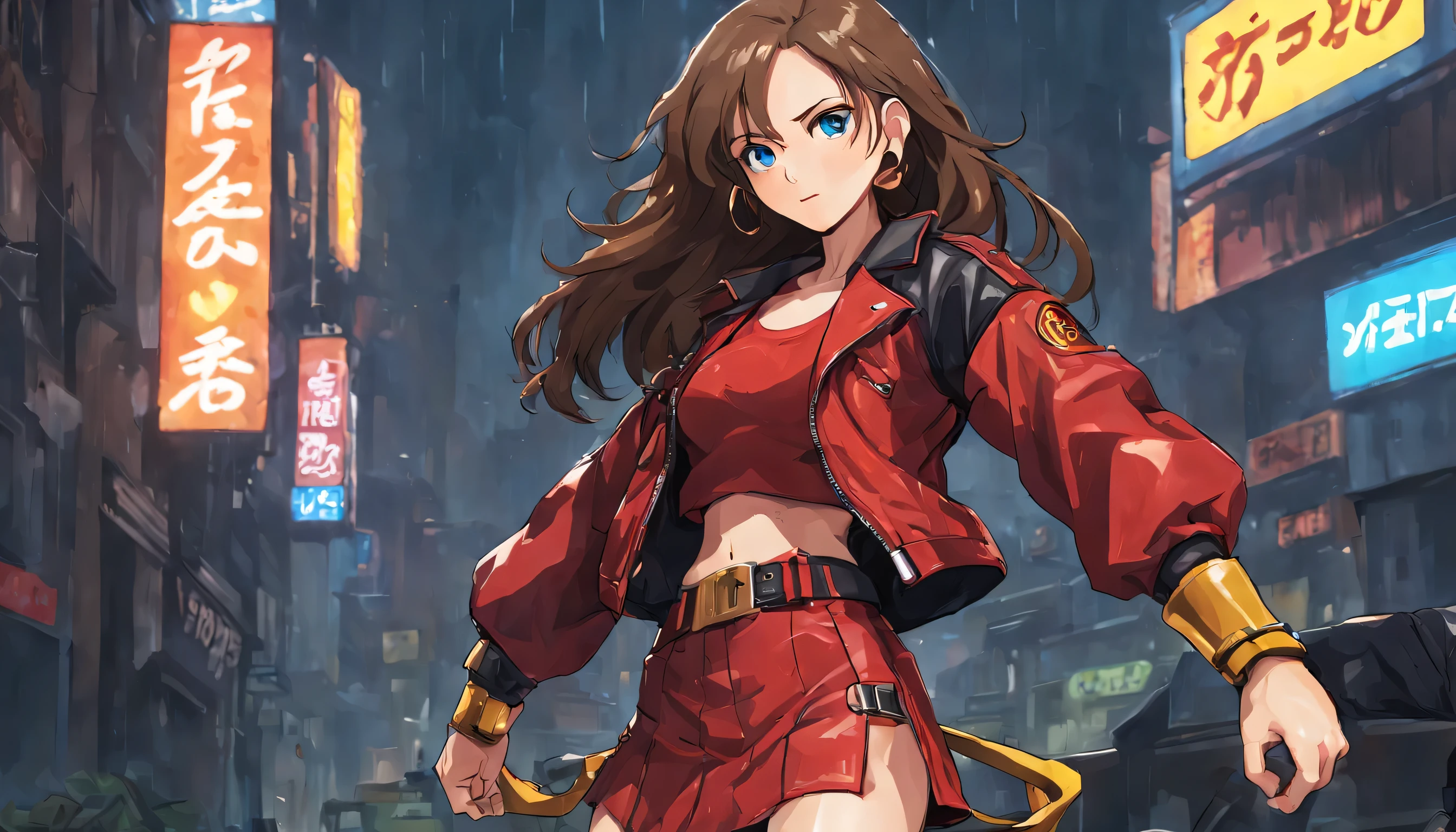 Estilo anime 2D, Mulher com cabelo castanho longo, olhos azuis, vestindo top vermelho, minissaia vermelha, cinto pendurado nos quadris, black leather jacket with sleeves rolled up to the elbows, martial arts training glove on hands, botas de couro vermelho, brincos de argola de ouro, personagem muito parecido com Blaze do jogo Sega Genesis "Streets of fury", she is next to a police car in a big city at night, there are advertisements and neon signs, it just rained in the area