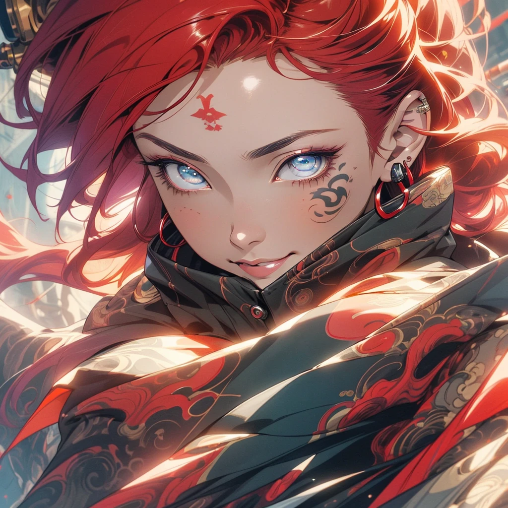 (((highest quality))),(((detailed eyes))),(((32k))),(1 girl),Red hair,(tattoo),(cyber punk),kimono,((Luxurious and gorgeous)),Shiny skin,earrings,flashy,((Super beautiful woman)),(perfect face),Japanese sword,ultimate texture,official art,Ukiyo-e,stylish,photograph,perfect body,smile,Bewitching,Highest image quality,distinct,real,fantasy,(Near the future),ninja,((perfect eyes)),big breasts,((cleavage)),highlight,挑発的なsmile,stick out tongue,split tongue,((mechanical)),prajna mask,fox,