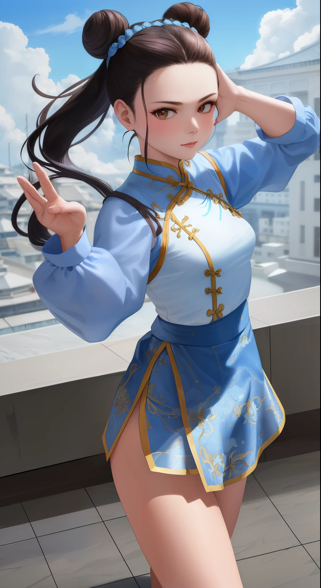 Paichang, Blue ribbon ponytail, brown eyes, double bun,bright hair,Kungfu pose standing, alone , , combat readiness,
Paiati,White Mini Cheongsam, band, mini skirt、white panties、, sleeve less,
marble floor, blue sky, cloudy, evening,
(Extremely detailed, beautiful detailed face, masterpiece, highest quality)