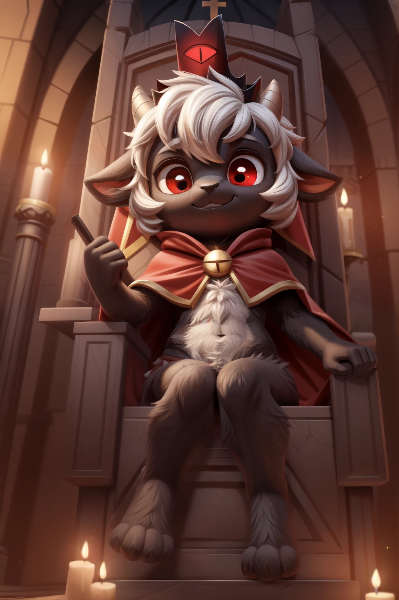 Furry shota, Lamb, "Cult of the lamb", red eyes, clear black body fur, black nose, small horns, white hair, spiky hairstyle, short hair, full body, detailed body fur, detailed body, detailed eyes, glistering body, shiny body, gorgeous body, masterpiece, feets whit three toes, ((crown, red cloak)), sitting on throne, church,