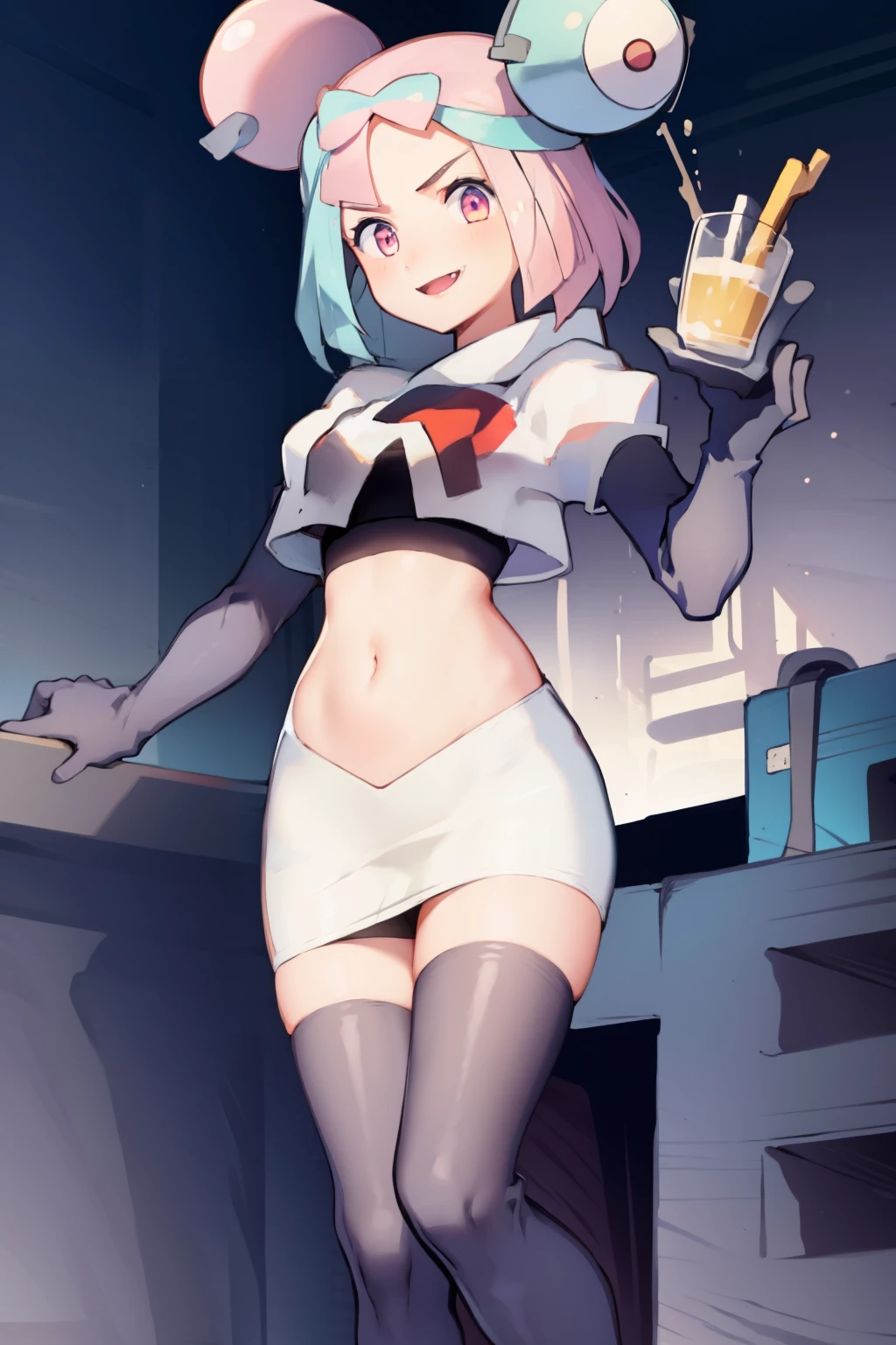 iono,1 girl,pink eyes,solo,smile,open mouth,fangs ,team rocket,team rocket uniform,white skirt,red letter R,crop top,black thigh-highs,black elbow gloves,