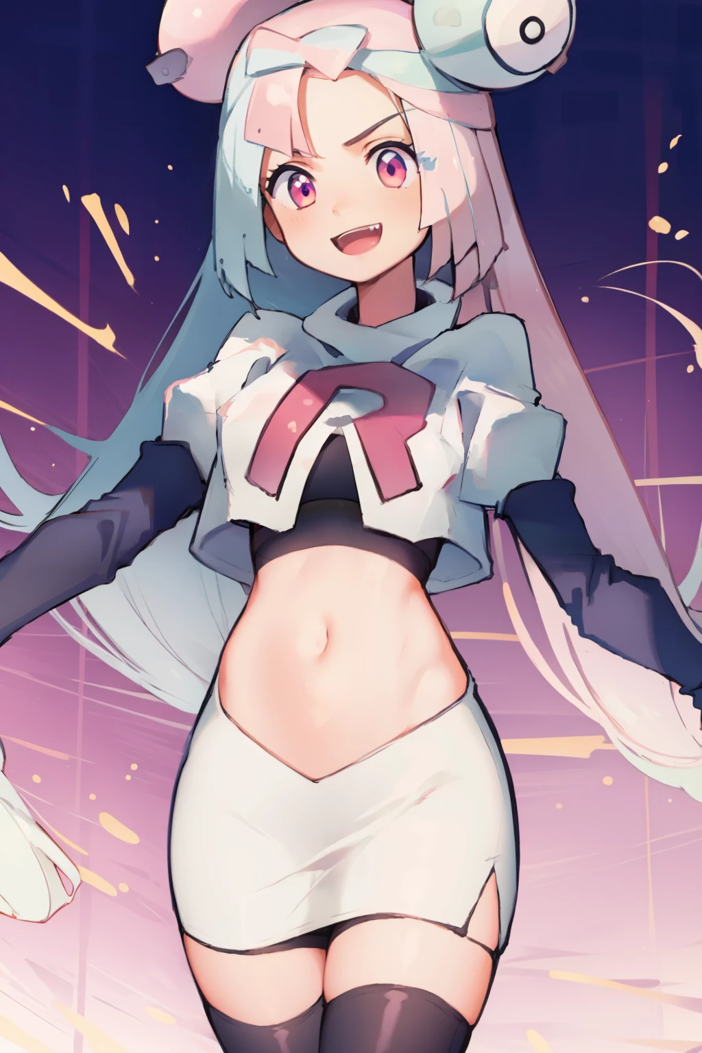 iono,1 girl,pink eyes,solo,smile,open mouth,fangs ,team rocket,team rocket uniform,white skirt,red letter R,crop top,black thigh-highs,black elbow gloves,