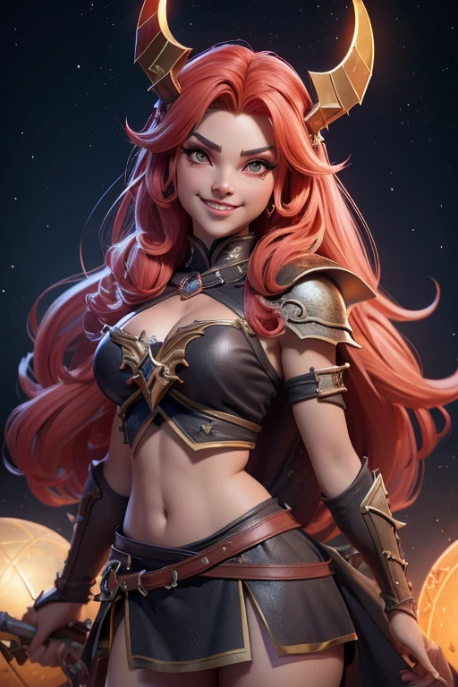 Beautiful female succubus head viking, Disfraz de guerrera vikinga, en globo de nieve, sonrisa suave, Lindo retrato de cuerpo entero, figura esbelta de pie, Personaje de dibujos animados, medieval, Renderizado 3D, symatic lighting, Trazado de rayos. Rojo crujiente, luz radiante, navidad misteriosa, (la mejor calidad, 8k, high resolusion, tmasterpiece:1.2), caprichoso, (cielo lleno de estrellas, la estrella del norte brilla).