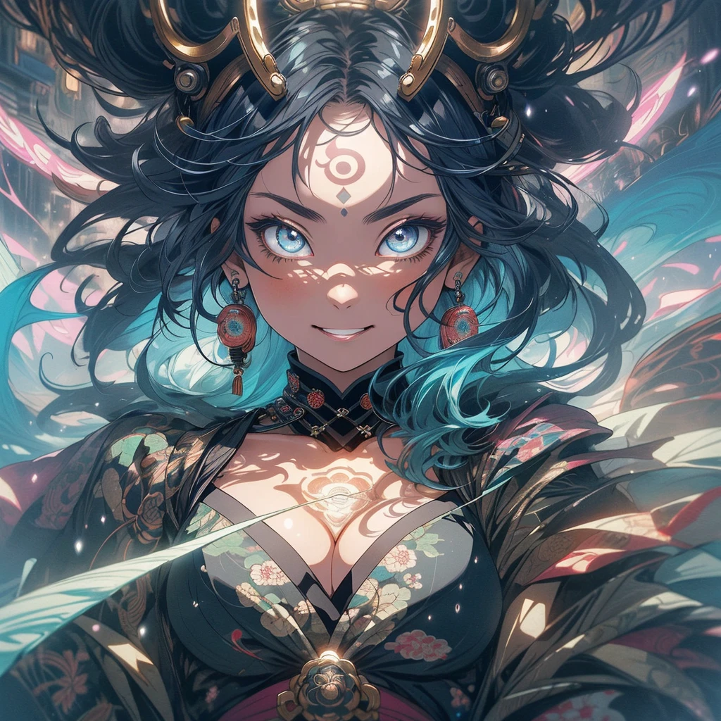 (((highest quality))),(((detailed eyes))),(((32k))),(1 girl),flashyな色の髪,(tattoo),(cyber punk),kimono,((Luxurious and gorgeous)),Shiny skin,earrings,flashy,((Super beautiful woman)),(perfect face),Japanese sword,ultimate texture,official art,Ukiyo-e,stylish,photograph,perfect body,smile,Bewitching,Highest image quality,Super clear,real,fantasy,(Near the future),ninja,((perfect eyes)),big breasts,((cleavage)),highlight,挑発的なsmile,stick out tongue,split tongue,((mechanical)),mandala,Pouring rain,Majestic,apotheosis,