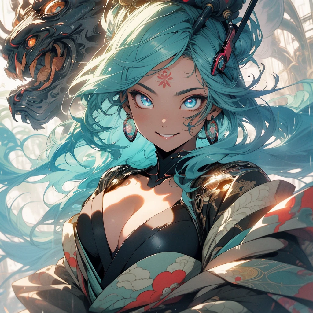 (((highest quality))),(((detailed eyes))),(((32k))),(1 girl),hair,(tattoo),(cyber punk),kimono,((Luxurious and gorgeous)),Shiny skin,earrings,flashy,((Super beautiful woman)),(perfect face),Japanese sword,ultimate texture,official art,Ukiyo-e,stylish,photograph,perfect body,smile,Bewitching,Highest image quality,distinct,real,fantasy,(Near the future),ninja,perfect eyes,big breasts,((cleavage)),highlight