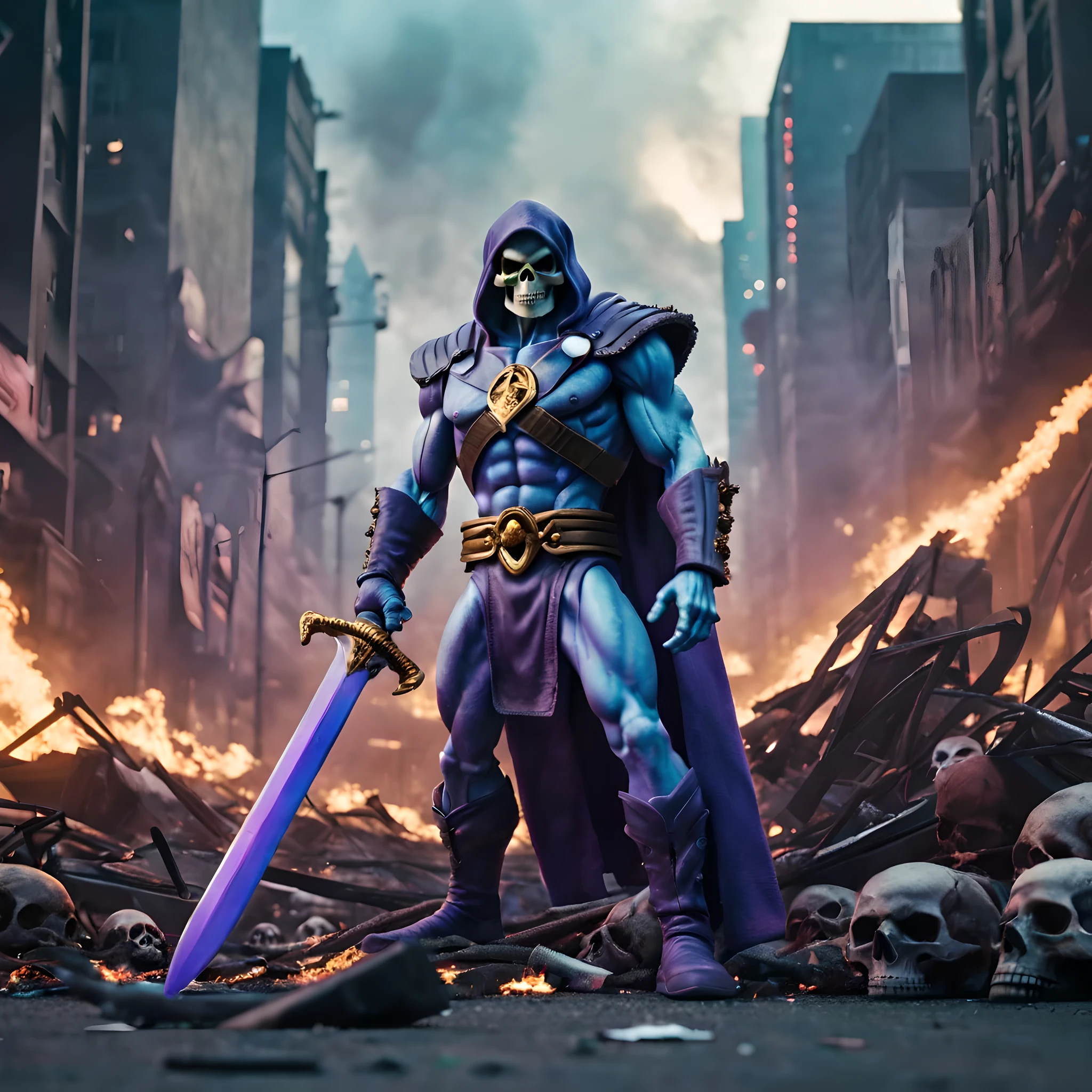 A highly detailed still frame of Skeletor in a cyberpunk future dystopia weilding his huge sword as the city behind him catches fire and there are plenty of skulls on the ground, 8K, very detailed, cinematic, movie, hollywood blockbuster, texture, film grain