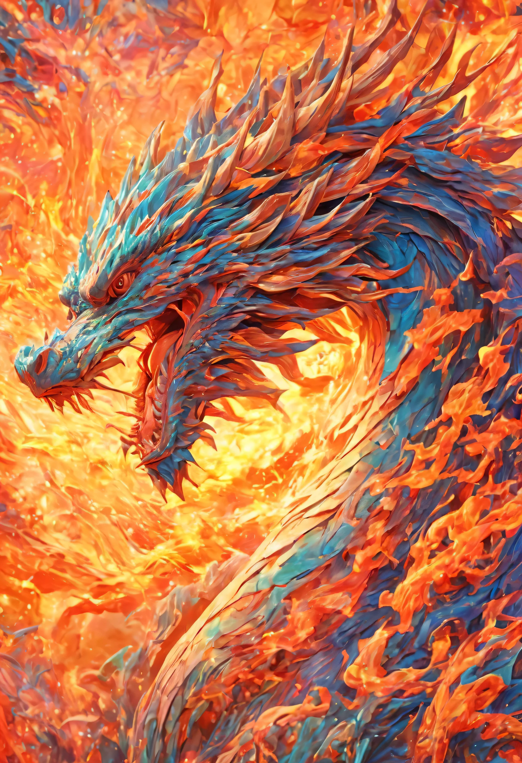 Chinese fire dragon blends into flame canvas, Head close-up, looking at camera, Use psychedelic landscapes and realistic styles. Psychedelic images, rolling flames, colorful turbulence, fascinating areas, Imaginative scenes, body fluid, perfect details, Style is Callas Ace, colorful futurism, oud image, The pattern explodes, splatter effect, body fluid, Panorama, chiaroscuro, Backlight and motion lines, textured skin, HD details, Ultra-detailed, ultra high definition, 16k resolution, super high quality, Overclocked rendering, 3d rendering