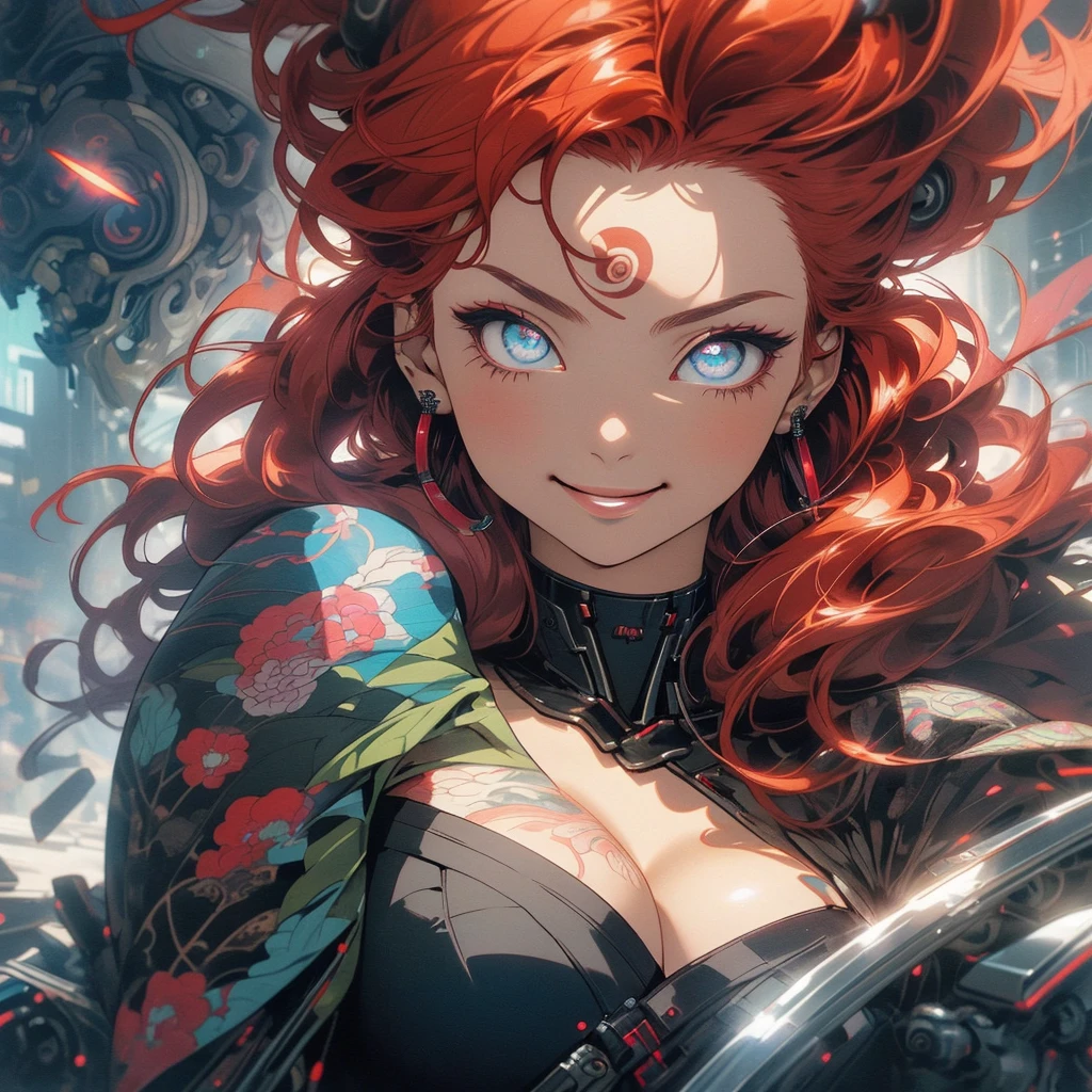 (((highest quality))),(((detailed eyes))),(((32k))),(1 girl),Red hair,(tattoo),(cyber punk),kimono,((Luxurious and gorgeous)),Shiny skin,earrings,flashy,((Super beautiful woman)),(perfect face),Japanese sword,ultimate texture,official art,Ukiyo-e,stylish,photograph,perfect body,smile,Bewitching,Highest image quality,distinct,real,fantasy,(Near the future),ninja,((perfect eyes)),big breasts,((cleavage)),highlight,挑発的なsmile,stick out tongue,split tongue,((mechanical)),Cyborg transformation,