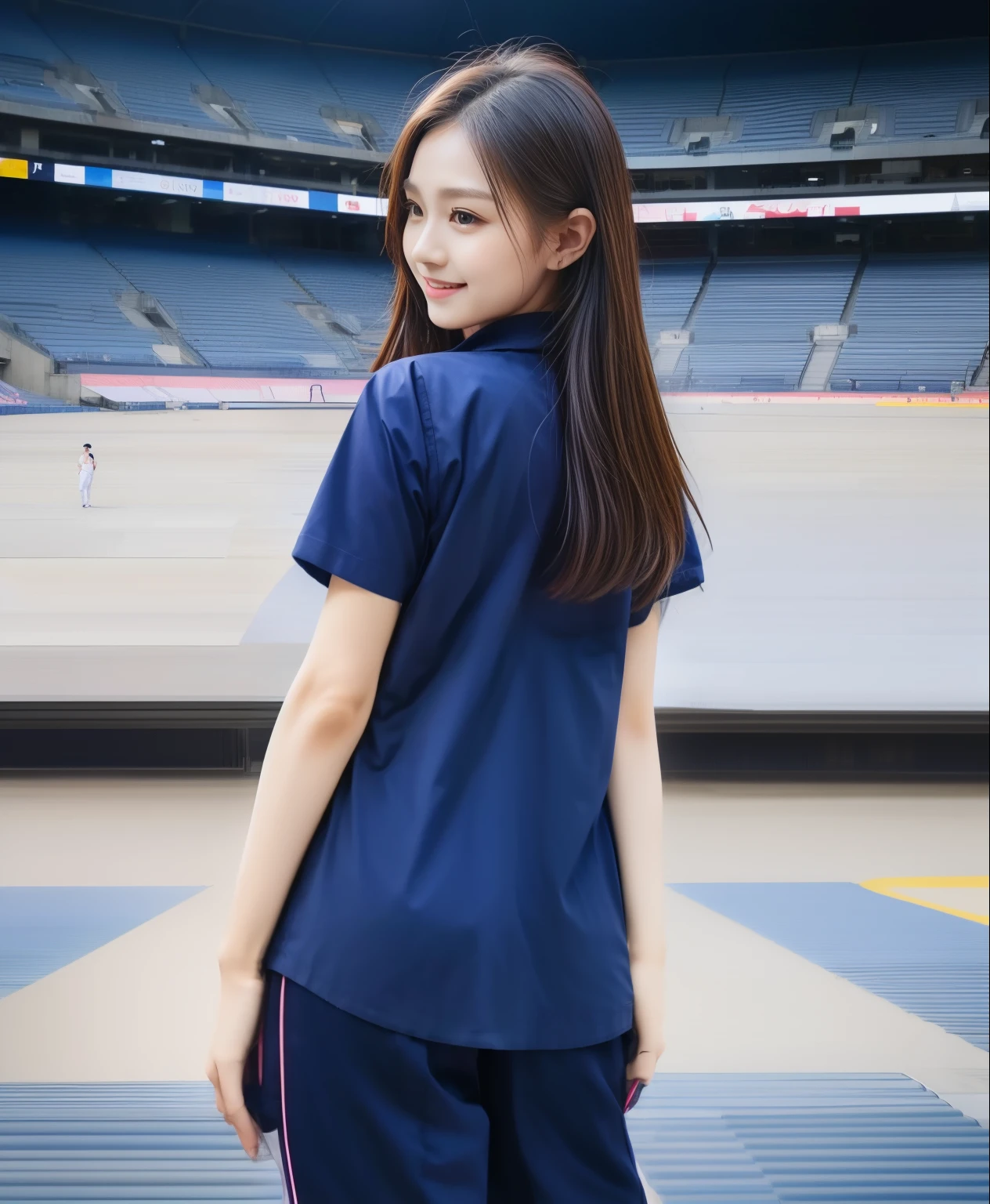 (best quality,10,10,height,Masterpiece:1.2),Special details,(realistic,ภาพrealistic,Realistic photos:1.37),1 cute girl on the football field,Shiny skin,only,smile softly,BDclothelue shirt:1.3)),short sleeve,shirt, กางเกงขาlong.,(navy_long_ติดตามกางเกงขาlong:1.1), ((stadium background:1.3)),Dynamic angle,excited,Face focus,dynamic poses,from behind,focus ass,Masterpiece, best quality, ultra realistic, Too many details, 8k resolution, raw photos, Sharp focus, ((Navy blue shirt:1.1)), short sleeve, เส้นทางlong, perfect bodyแบบ, 2 mature women, 18, Cinema-grade lighting system ,กางเกงขาlongวอร์มสีน้ําเงิน,shirtผ้าออกกำลังกาย,correct anatomy,perfect body, correct body, Sharp face, correct bodyทางกายวิภาค, full body, realistic gestures, long-haired, realistic ,ช่วงขาlong,fit,carved girl, Slender figure, model, fit, beautiful body,Blue sweatpants, กางเกงวอร์มขาlong